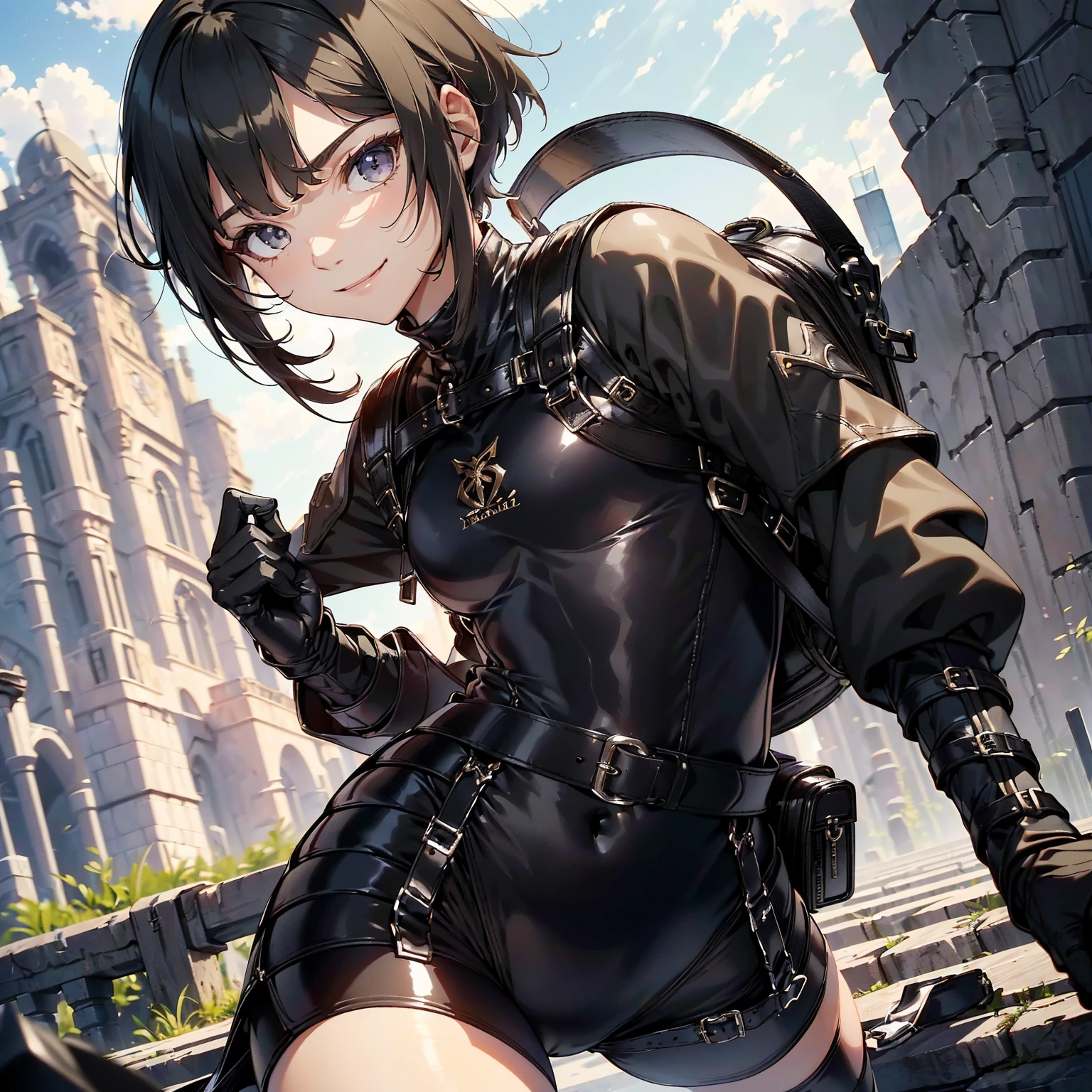 (masterpiece、highest quality、highest resolution、clear_image、detailed details): (whole body、18 year old female fighter,Slender、small face、black super bob short hair、Shiny black tight combat uniform,tight suit、Gentle smile、Backpack)