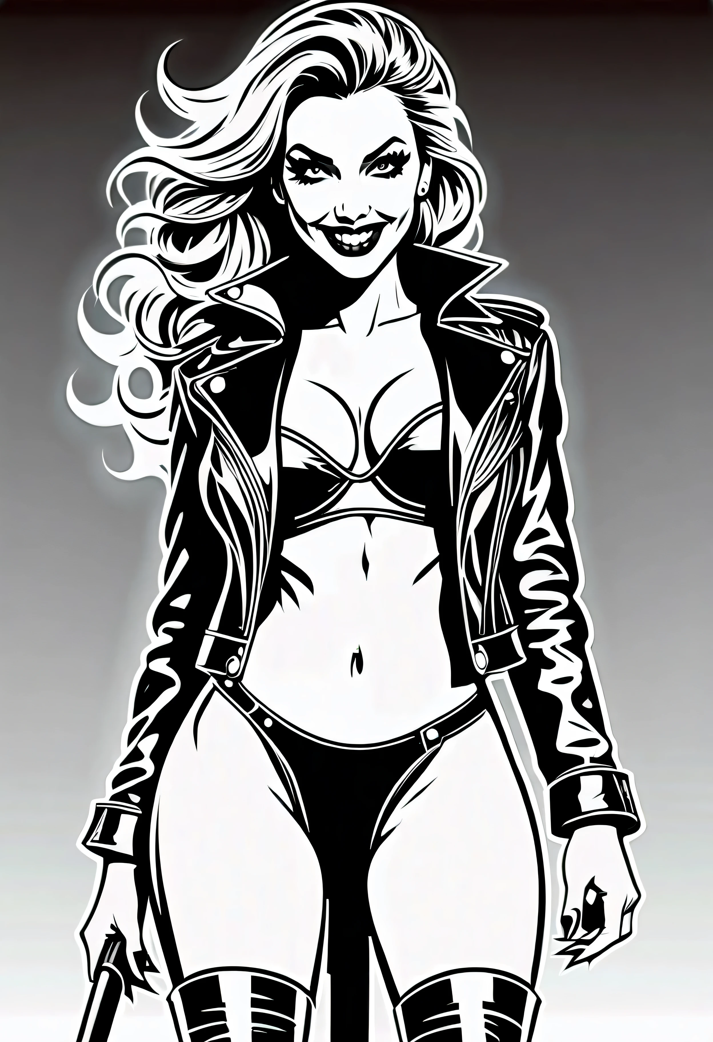 tex comics style,a full body woman with leather jacket with femme fatale evil smile,ludic style comics,lineart style,coloring book style,black and white, 1-bit color,vector quality,high quality,high vector quality,perfect vector lineart,perfect lineart,perfect quality,high contrast,sharpen lineart,sharp lines,sharpness,unsharpen details,perfect vector lineart,vector sharpness lines, sticker, 2d cute, fantasy, dreamy, vector illustration, 2d flat, centered, by Tim Burton, professional, sleek, modern, minimalist, graphic, line art, vector graphics,,BLACK AND WHITE 1-BIT COLOR LINEART,(((full body))),(((BLEED MARGIN))),(((FULL BODY))),(((WHITE BACKGROUND))),(((teste)))--