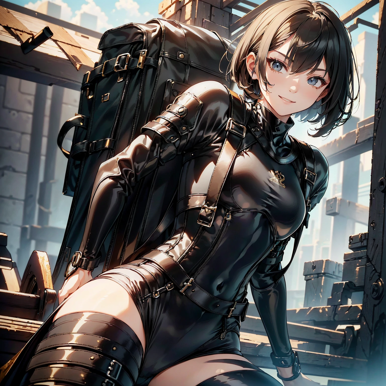 (masterpiece、highest quality、highest resolution、clear_image、detailed details): (whole body、18 year old female fighter，Slender、small face、black super bob short hair、Shiny black tight combat uniform，tight suit、Gentle smile、Backpack)