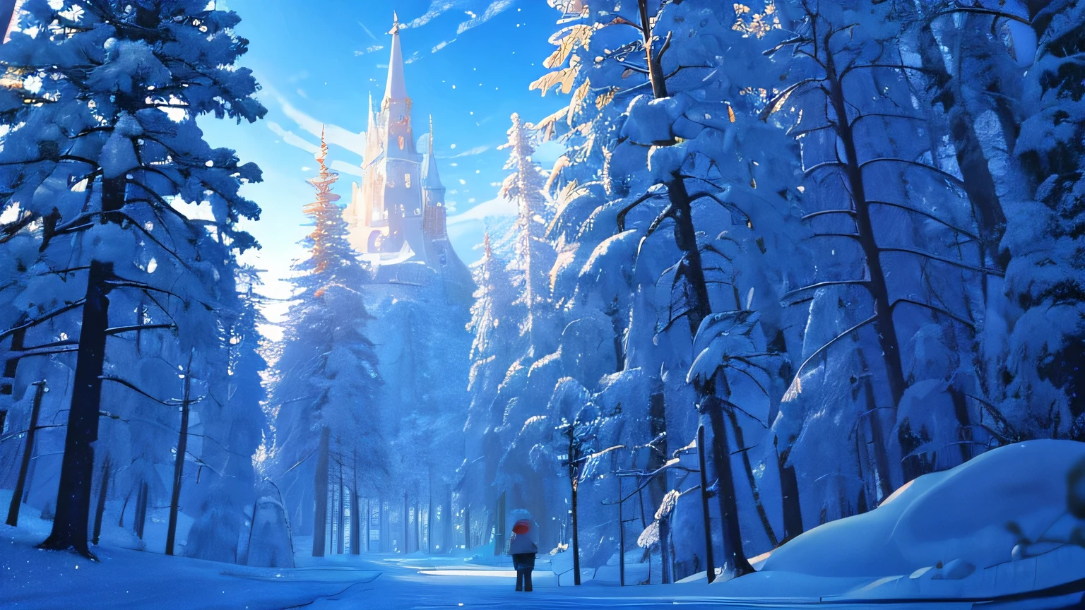 cartoonish style，enchanted forest，bright，Sky，snow，winter