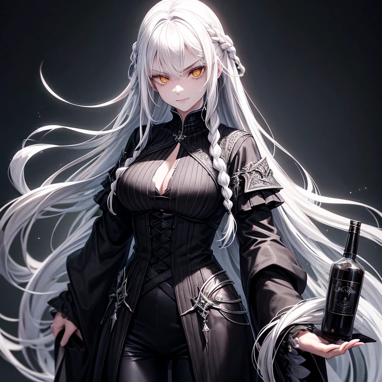 22 year old woman, long white hair braided, pale yellow eyes, serious expression smiling, vodka bottle on hand, gray skin tone, fully clothed in black. Midieval black clothings, fully covered. Fantasy outfit/assasin. More mature woman. Wearing pants