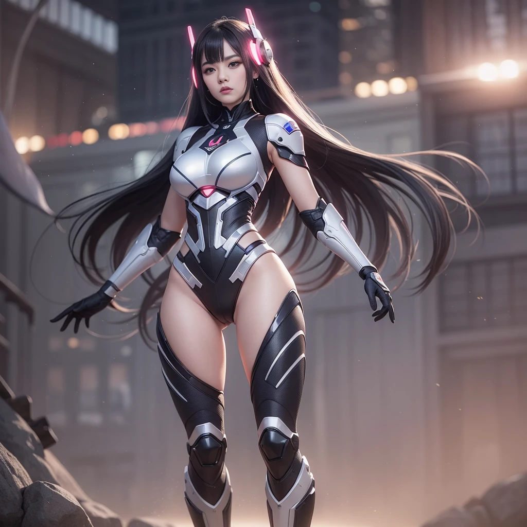 Best quality, delicate face, girly, slim body, cyborg clothing, jewelry glow, costume glow, perfect body, silver body, glass textured body, robot skeleton, rich background, multi-elemental, there are huge alien spaceships floating in the air, cyberpunk, sci-fi, full body, suitable pose