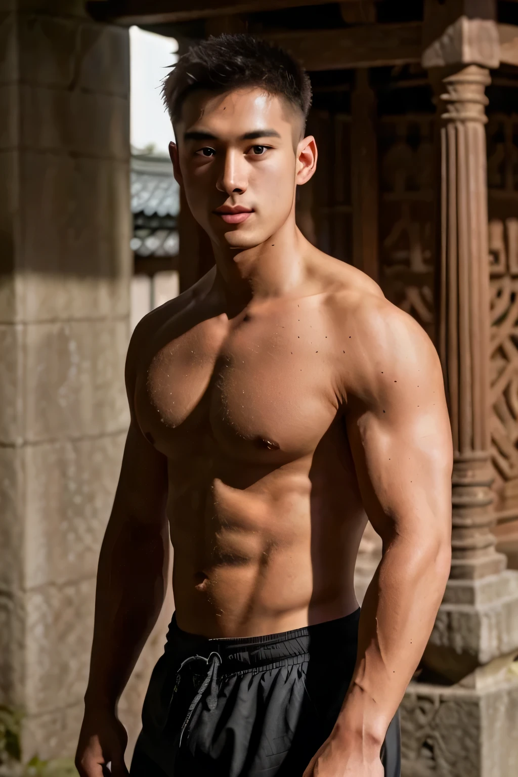 1 person, 
20 years old.o Shirtless muscular man ,  whole body, monk，in a temple，bald soft light, Japanese, A masterpiece of designers, best quality, 8k ultra high definition, SLR camera, film grain, Photorealistic artwork for Fujifilm XT3 by Midjourney and greg rutkowski