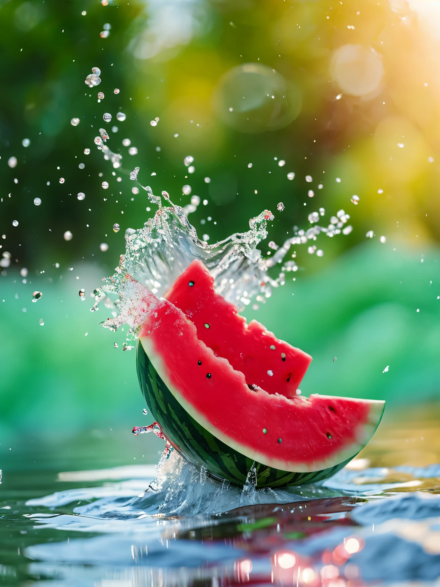 Watermelon, water splash, glitter particles, depth of field, clean background