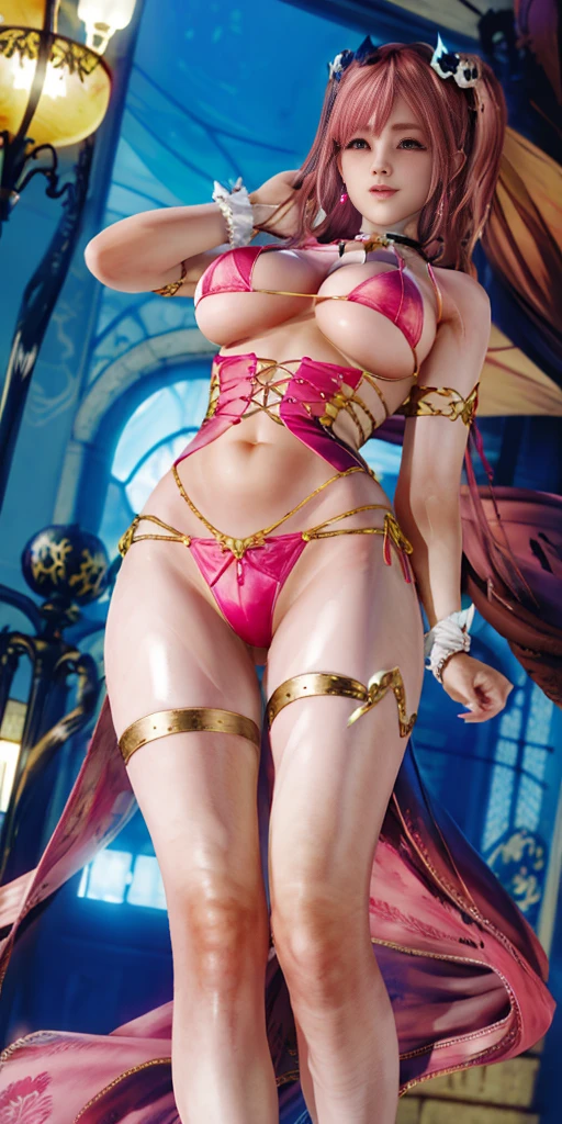 pink custome magical firl fantasy fashion, revealing outfit, from below