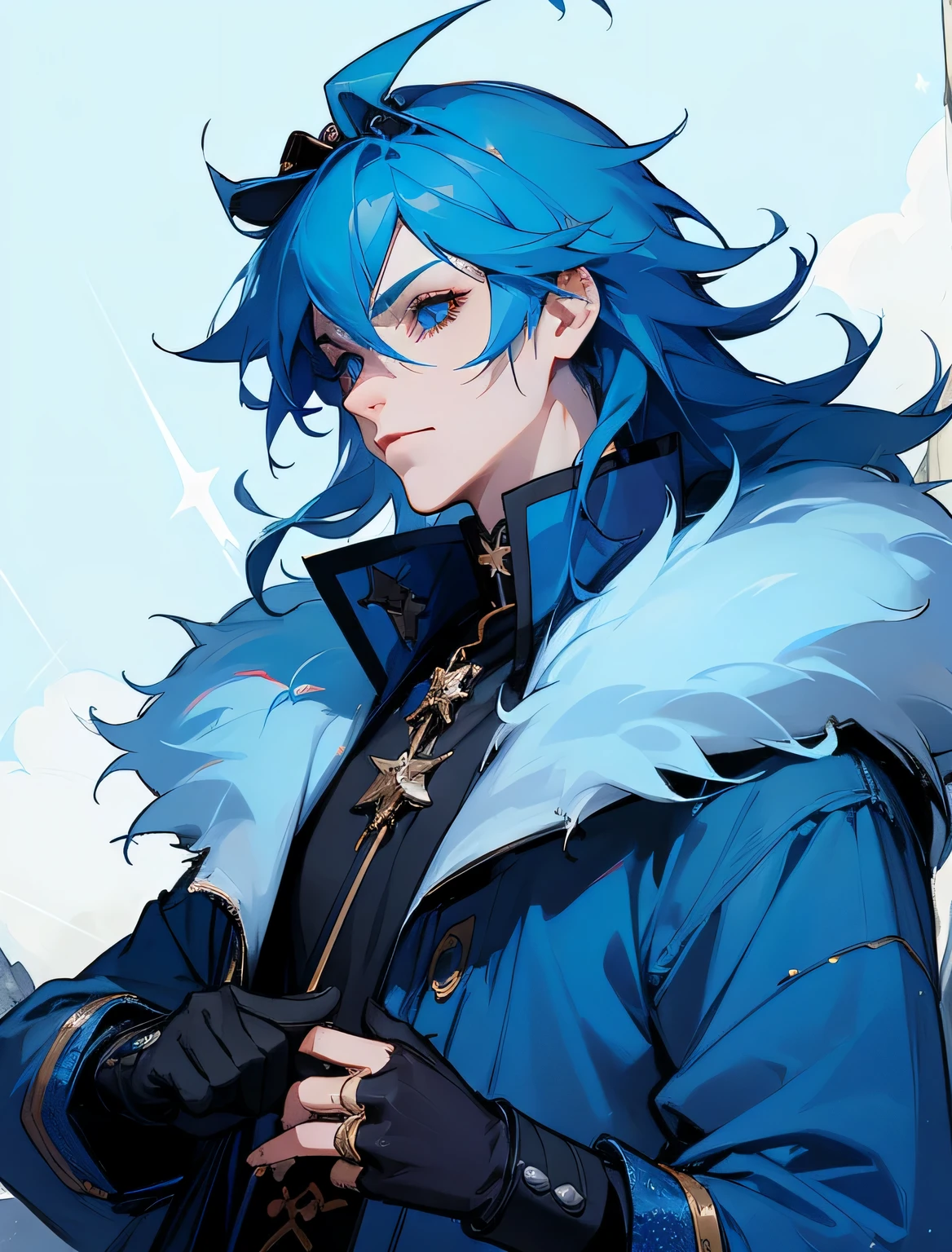 a guy with blue hair, detailed eyes, rock star, prince likes outfit, thick fur collar, blue colors, stars shaped accessories, pale skin, chinese