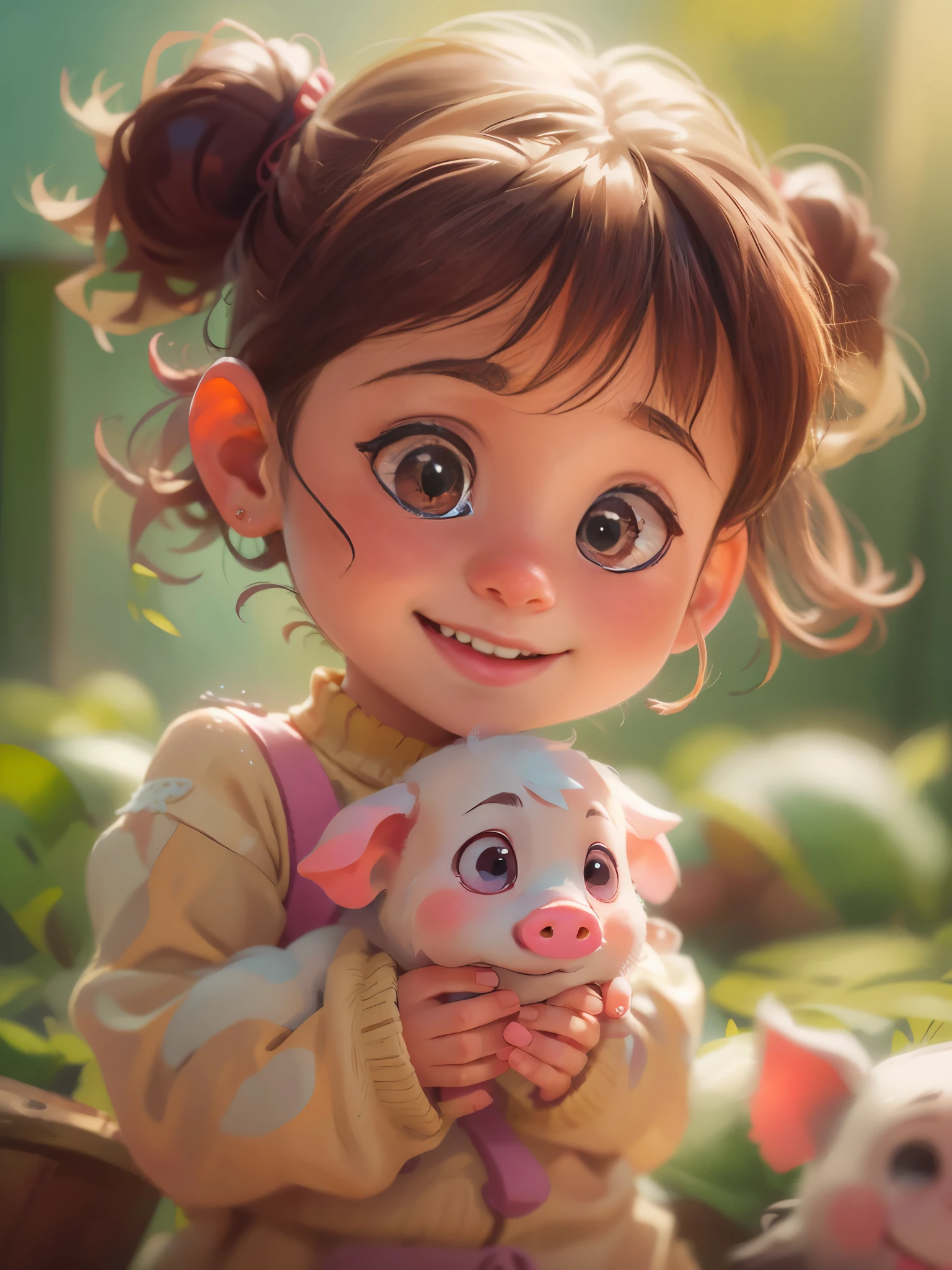a ,preschool,Holding the cute piglet,Pixar style, best quality, stills, very cute, big eyes, sunny,Very happy, (masterpiece: 1.2) (actual: 1.2) (Bokeh) (best quality) (delicate skin: 1.3) (intricate details) (8k) (exquisite eyes) (sharp focus), (happy)