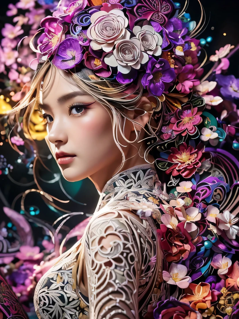 ((masterpiece、highest quality、genuine、Super detailed、High resolution、photogenuineistic、sharp focus、cinematic lighting))、Portrait of an amazingly beautiful woman、3/5 shots、official art、緻密で対称的なgenuineな顔、High resolutionの自然な質感、intricate details、multicolor、Highly colored、超genuineなテクスチャー、dramatic lighting、look at the audience、((Abstract fractal art background、zentangle、colorful、Floral))、(dynamic pose)、flower cheongsam dress、detailed hand drawing、shiny skin
