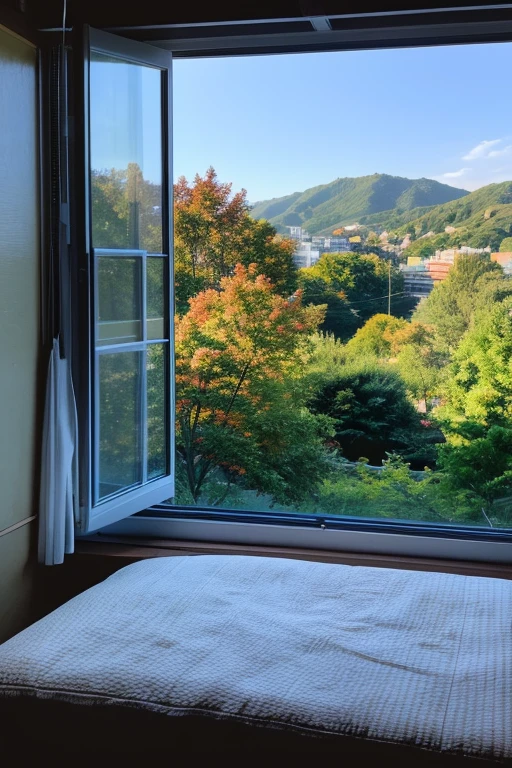 morning、get up、window、outside view