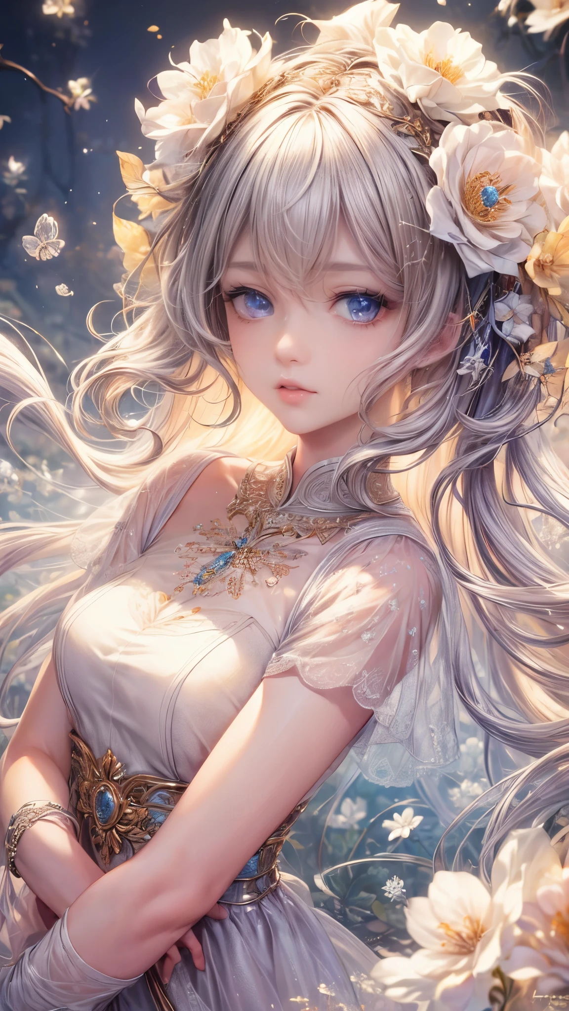 (best quality:1.4),(masterpiece:1.4),ultra-detailed,8K,CG,exquisite,upper body,loneliness,thumb girl,little princess,flowy court dress,garden background,detailed facial features,long curly hair,almond eyes,delicate eye makeup,long fluttering eyelashes,sparkling starry eyes,and a gaze like a star, intricate lip details,soft and harmonious style.