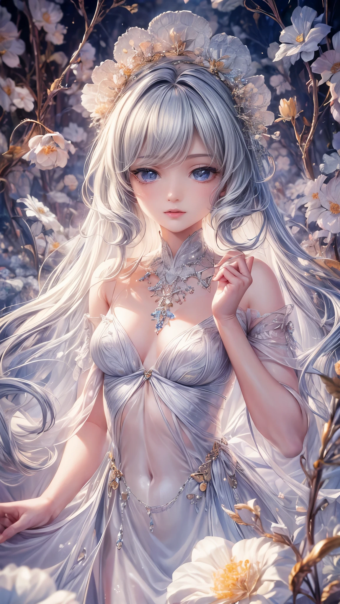 (best quality, 8K, CG, beautiful detailed upper body, lonely, thumb girl, sheer court gown, floral background, intricate facial features, flowing long hair, almond-shaped eyes, exquisite eye makeup, fluttering long eyelashes, blinking big eyes, starry sky, exquisite lip details, soft and harmonious style)
