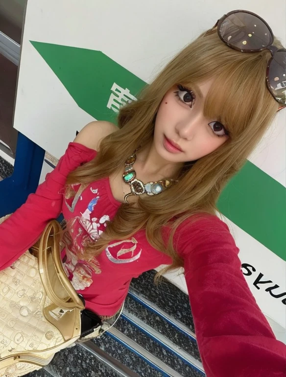 araffe girl with long hair and sunglasses posing for a photo, portrait of japanese gyaru, garota de anime na vida real, Ulzzang, Rena nunen estilo 3/4, longos cabelos loiros e olhos grandes, boneca barbie anime, yami kawaii, pare quatro *, apenas skydoll, Lalisa Manobal, longos cabelos loiros e olhos grandes