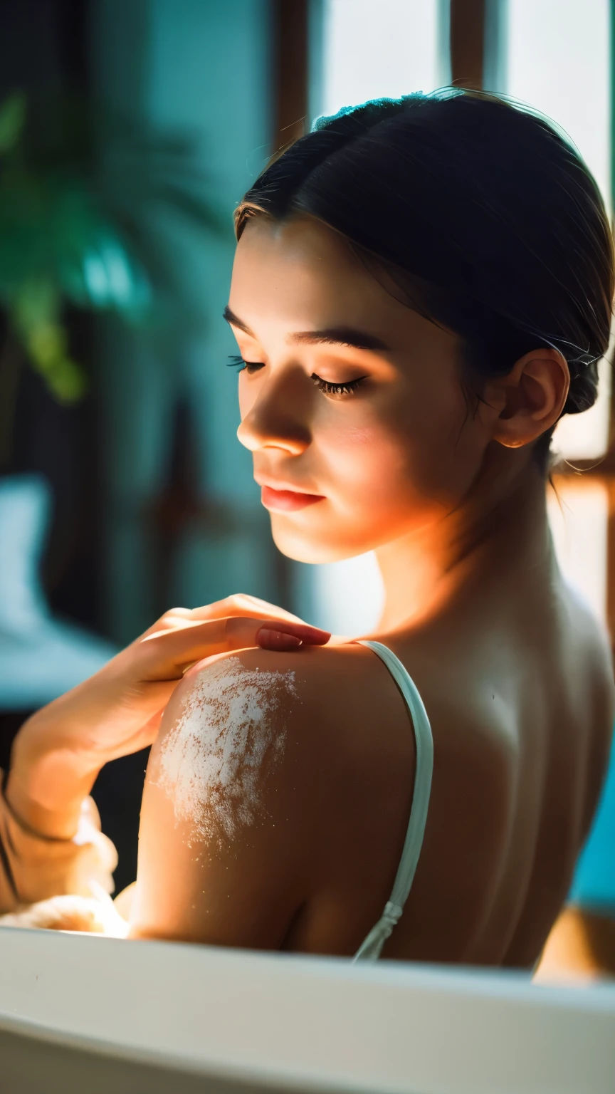 Capture a transformative scene where each stroke of self-love is painted onto the skin with the lotion. The indoor setting should be well-lit, allowing for detailed shots that convey the empowering and self-affirming nature of the moment. Utilize a 50mm lens for a focused perspective, emphasizing the hands and the painting strokes. Aim for a high-resolution image that realistically portrays the emotional and physical act of self-love. Draw inspiration from photographers skilled in capturing moments of empowerment and self-care on platforms like Art Station and Dribble.