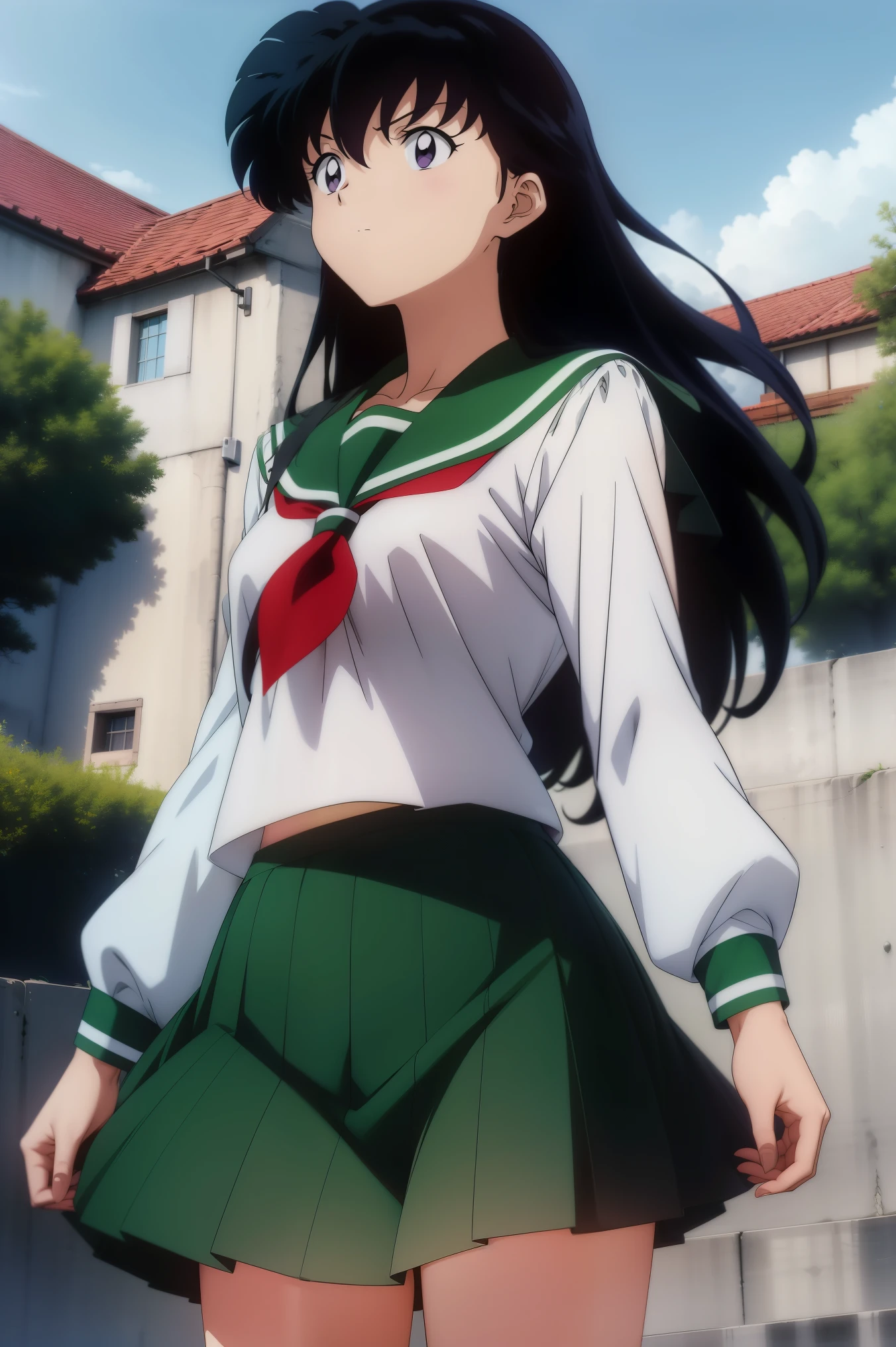 an anime woman standing on with her hair up, 1girl, solo, outdoors, long hair, brown eyes, school uniform,(Masterpiece: 1.6, Best Quality), (Fine Beautiful Eyes: 1.2), (best quality, masterpiece, higher), green school uniform, soft thighs , long sleeves, white socks, scenery , Best Quality, ((anime)) ((Colored)) HD, Kagome Higurashi ,school uniforms, Standing, Green skirt, Red scarf, long hair, Black hair between the eyes, Thighs are soft, school background , black hair, skirt, green skirt, serafuku
