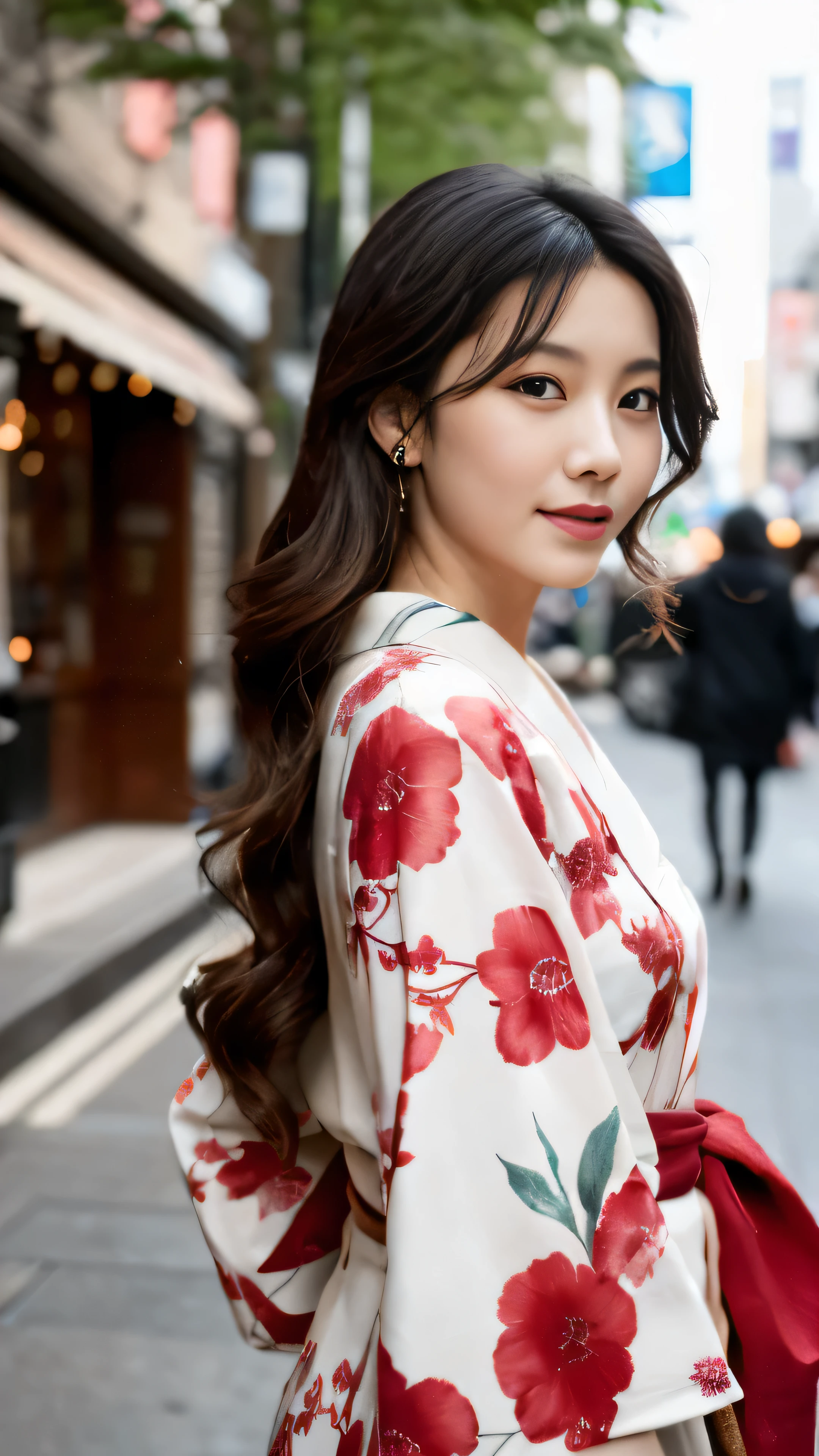 ((masterpiece))、(((Highest image quality))、((High resolution))、((High definition CGUnity 8k wallpaper))、solo、Kimono with white floral pattern、Red band、outdoor、The background is the lively area of Dotonbori,facial details,facial details,chestnut hair,High resolution画像でカメラを見つめながら微笑んでいます