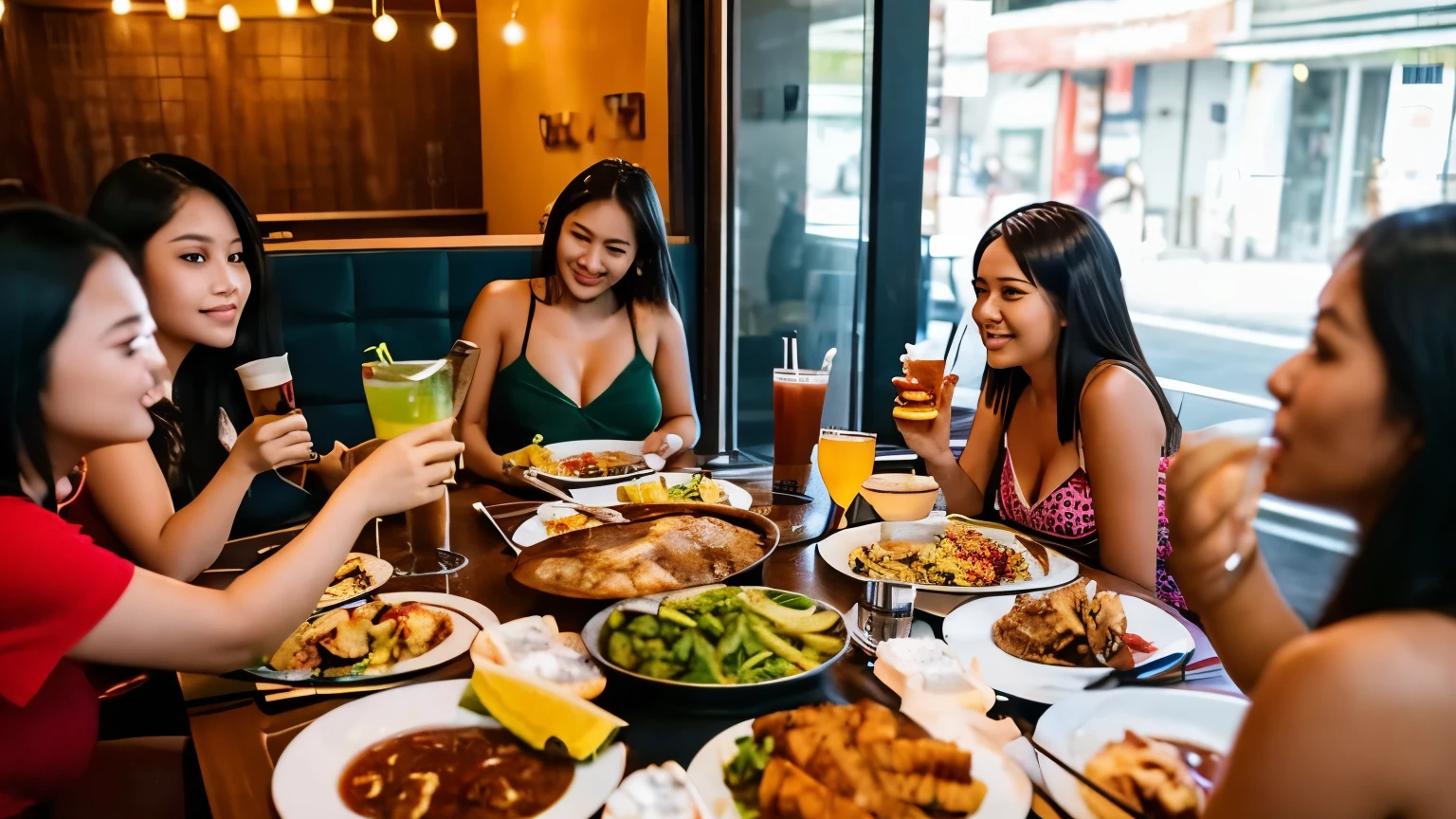 several women sitting at a table with plates of food and drinks, busty, great quality, sexy girl, south east asian with long, gorgeous lady, sie boob, sexy :8, photo taken in 2 0 2 0, very tasty, good young girl, very low quality, mouthwatering, malaysian, 2 2 years old, beautiful girls, dang my linh