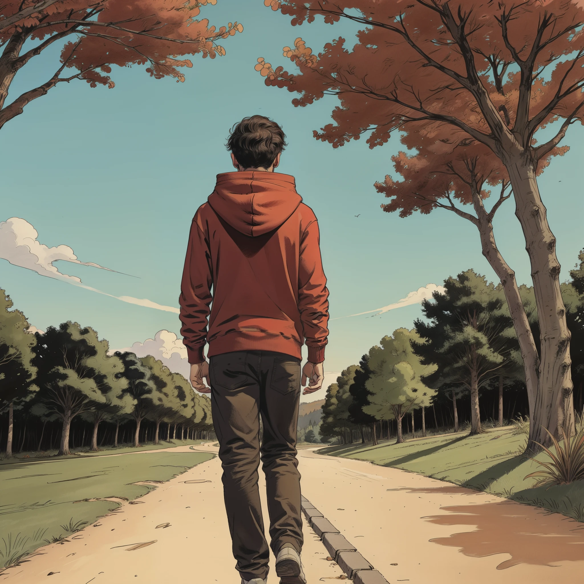 a 21 years old boy and wearing a red colored hoodie walking on a pathway . Every line and shading brings out his distinctive features. The background showcases a blue sky, with trees everywhere. (his backside will be visible)