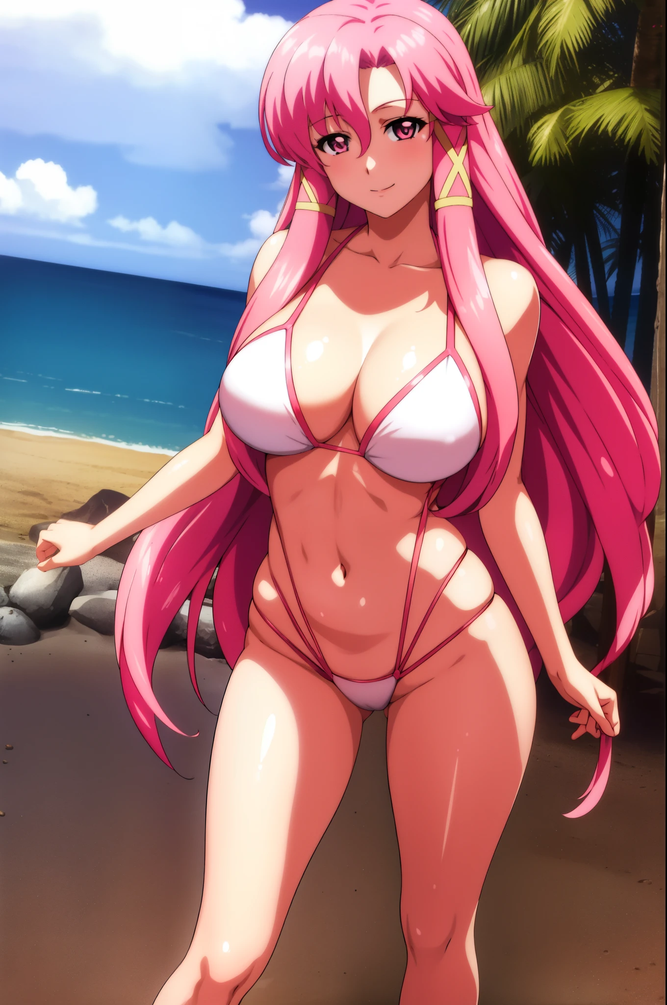 1 girl, pink hair, long hair, pink eyes, smile, sexy body, big breast, HDR, 8K, stand in the center of image looking at you, beach, slingshot swinsuit