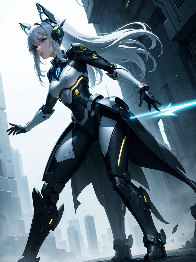 Embark on a thrilling journey into a futuristic battlefield, where a beautiful girl dons a striking robotic suit that blends grace and power seamlessly. In this high-octane scene, you'll craft an image that captivates the imagination with its cutting-edge technology and fierce elegance