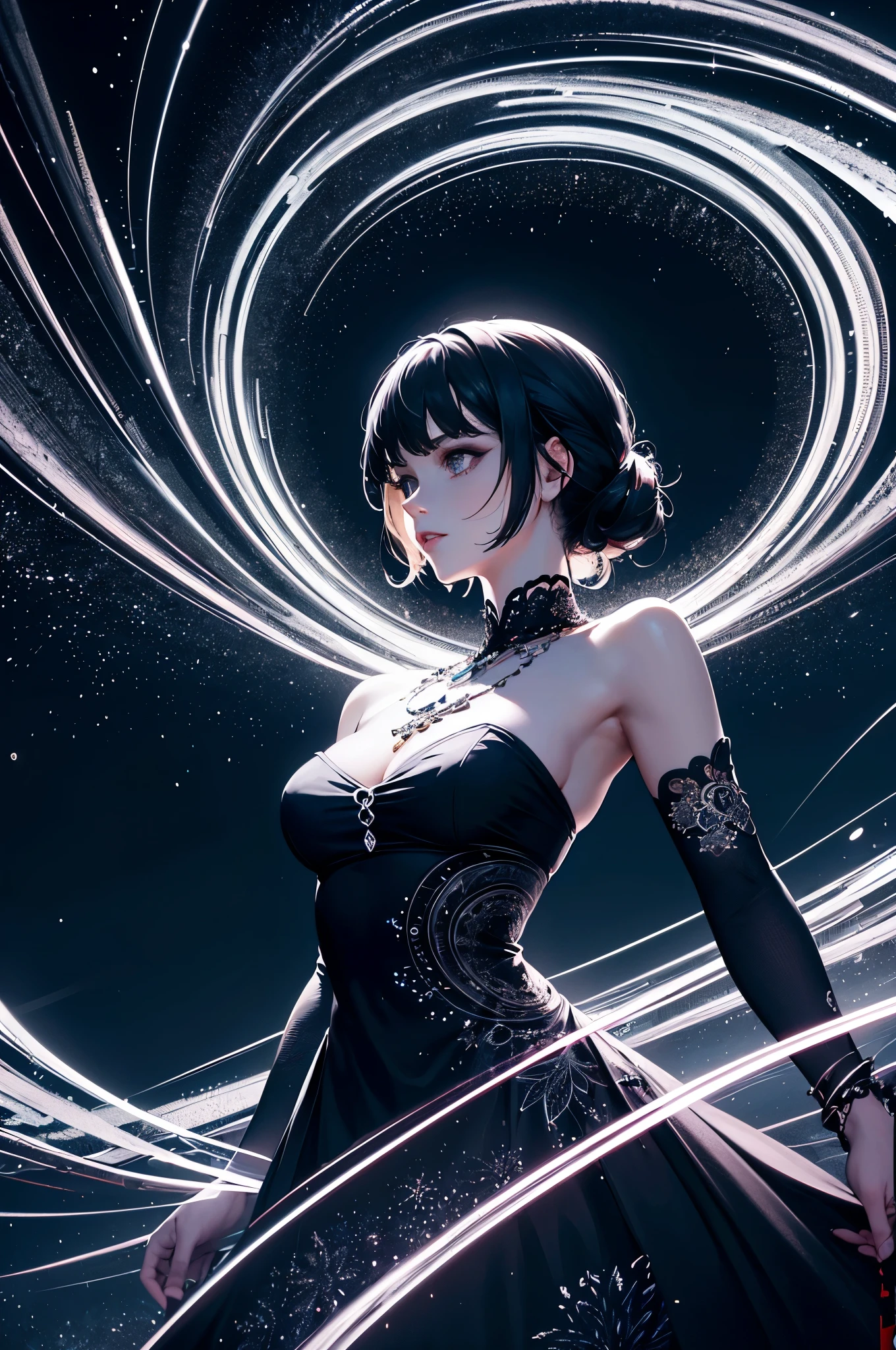 (masterpiece, top quality, best quality, official art, beautiful and aesthetic:1.2), (1girl),light painting, (long exposure:1.2),dynamic streaks,  extreme detailed,(fractal art:1.3),colorful,highest detailed,chiffon dress,jewelry,flower,fairy, black and white, monochromatic