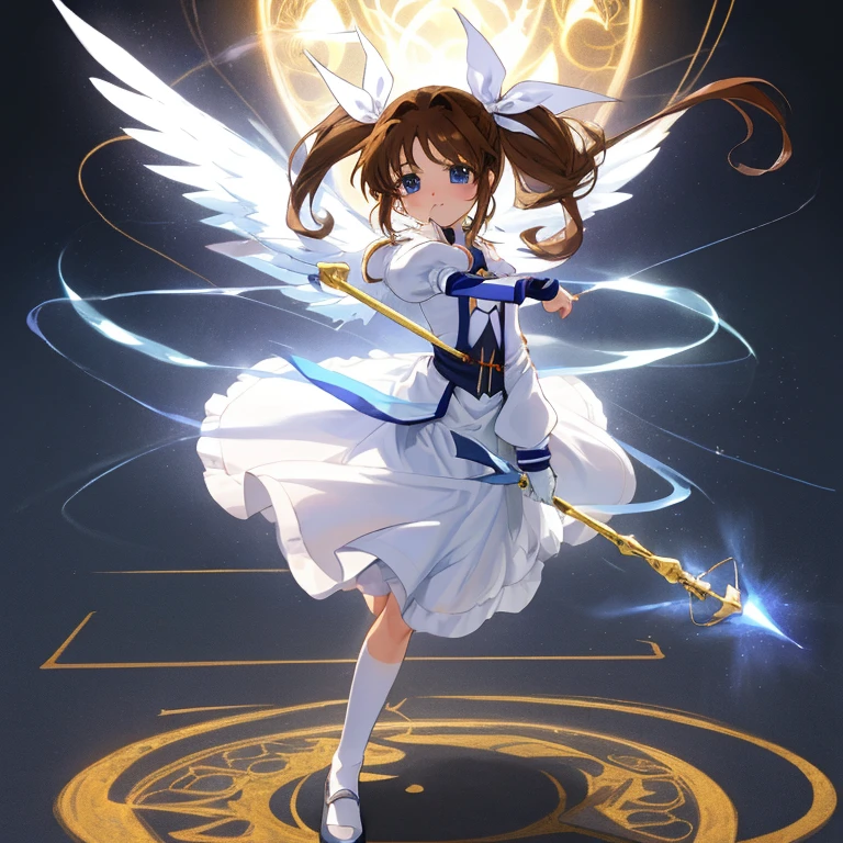 {{{{amazing quality, great quality, high quality, very aesthetic, aesthetic, best quality}}}},
realistic, photo, shadow, Three-dimensional, absurdres, Digital art,
{{{magical girl lyrical nanoha}}}, {{{Nanoha Takamachi}}}, 11 years old,
brown hair, medium hair, shiny hair, twin tails, white ribbon,
blue eyes, big eyes, round eyes, tareme,
{{flat chest}}, {{small breasts}}, {{detailed body}}, slim thighs, thin thighs,
barrier jacket, white long skirt, white long sleeves, puff sleeves, bulging shoulders,
black fingerless gloves, white feathered shoes,
{A magic wand named "Raging Heart"},
{{{{Magical girl}}}}, beautiful girl, one girl, cute, pretty, lovely, charming, teenage, kawaii, younger sister,