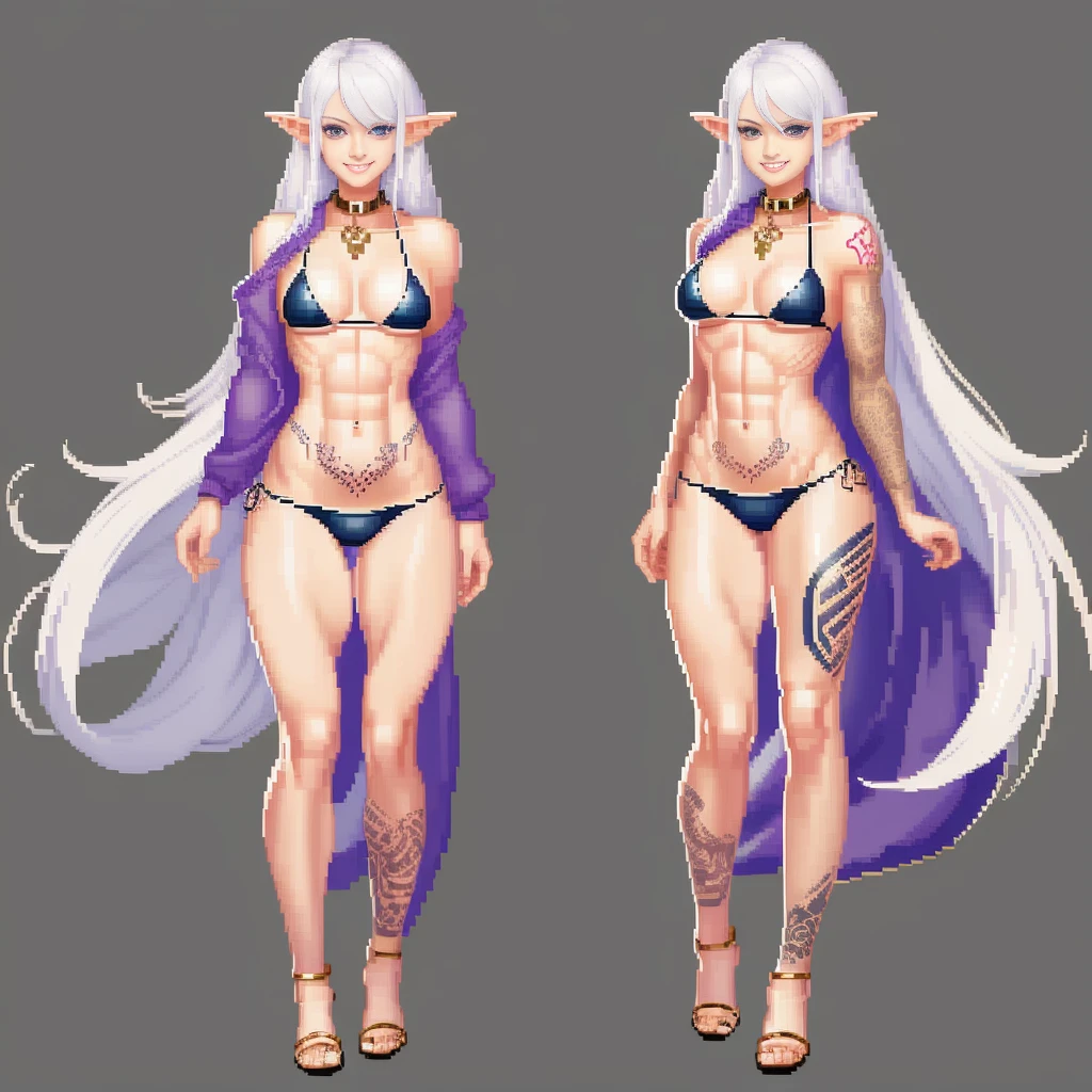 ((pixel art))((1girl)) full body, standing, grey skin, drow, elf, mature, detailed happy face, purple eyes, white hair, black bikini, abs, big knockers, golden chain collar, stomach tattoo (red tattoo)