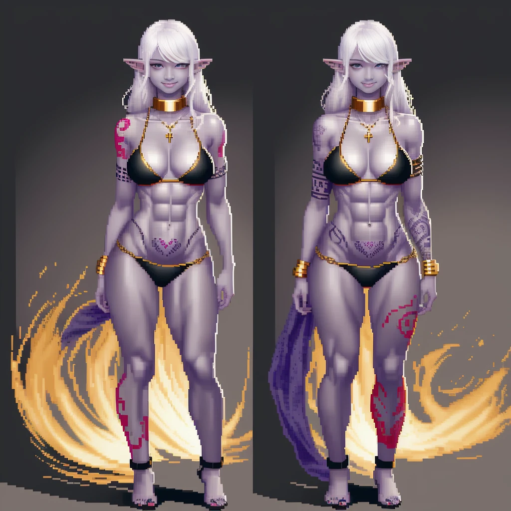 ((pixel art))((1girl)) full body, standing, grey skin, drow, elf, mature, detailed happy face, purple eyes, white hair, black bikini, abs, big knockers, golden chain collar, stomach tattoo (red tattoo)