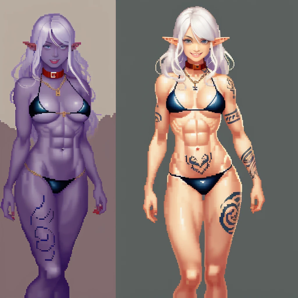 ((standing by wooden pole:1.2)) ((pixel art))((1 girl)) whole body, standing, gray skin, drow, elf, maduro, purple eyes, by white, black bikini, ABS, Large knockers, tattered rags, chain collar, stomach tattoo (red tattoo)
