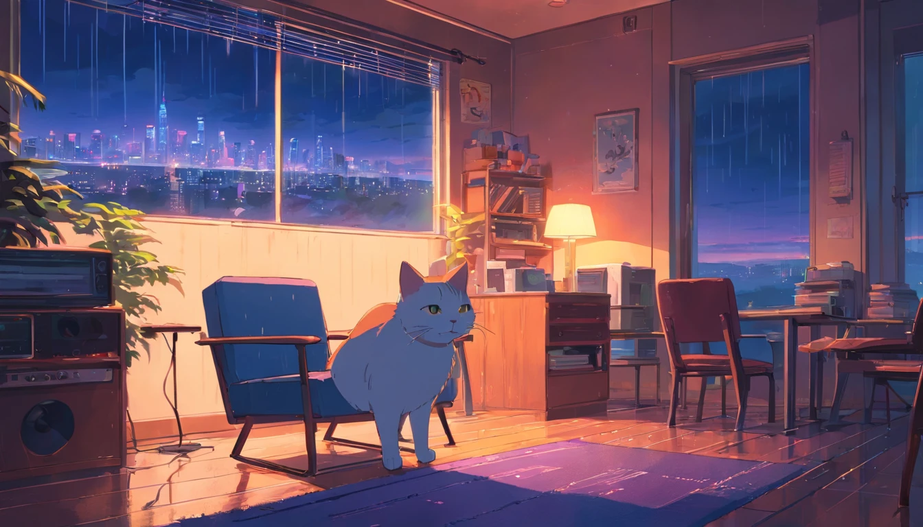 (zero), cat sitting on a chair in my room, night lights, Neon landscape on a rainy day,Analog Color Theme, Lo-Fi Hip Hop , Retrospective, flat, 2.5D ,Draw a line, ink painting, Large gradient, watercolor painting, Goosch color, Studio Ghibli style, Awesome colorful, Outer Ton, synthwave, Lofiato,90s style,Old textures, amplitude,90s atmosphere, table top, Incredible technology, 16:9 scale