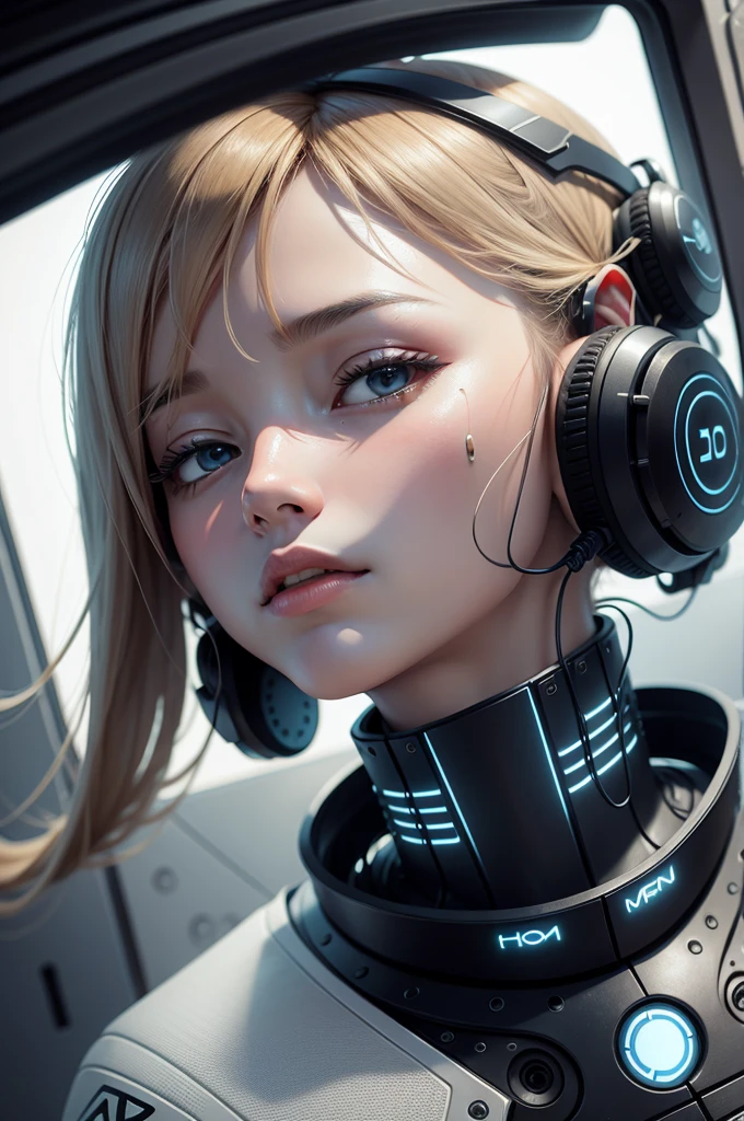 girl with long yellow hair, yellow eyes, futuristic vibes, mask on mouth, headphones, 8k, high quality, simple background, glowing eyes, nice pose