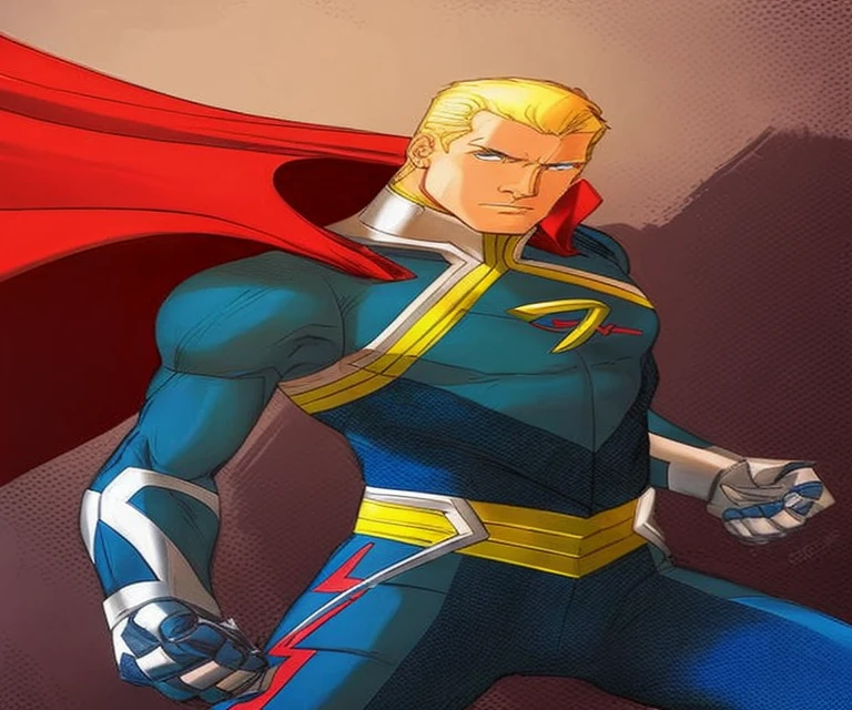 um desenho de um homem com uma capa em frente a uma parede, Homelander from the boys, Homelander, captain 7, inspirado em Alan Davis, by José Comas Quesada, adam warlock, char aznable album art, Direction: Greg Staples, de arte, by Inacio Zuloaga, Design de personagens de quadrinhos dos anos 90