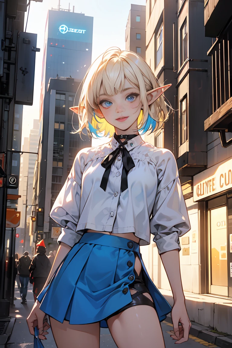 (1 elf girl), (beautiful elf girl), (super high quality), masterpiece, casual scene, cowboy shot, relaxed atmosphere, fun, ((rebellious, bold, naked)), mini skirt, sunlight shines warm colors, street vibe, urban environment. Avant-garde, edgy, provocative, punk makeup, perfect body, (G cup:1.2), light smile, fresh, (asymmetrical bangs:1.3), ribbon, medium hair, very detailed face and eyes, beautiful eyes,closed mouth, perfect lips, (white blond hair, colorful hair color, deep blue eyes:1.2), cyberpunk, sci-fi, digital art, beautiful, cinematic lighting, by Yusuke Murata.