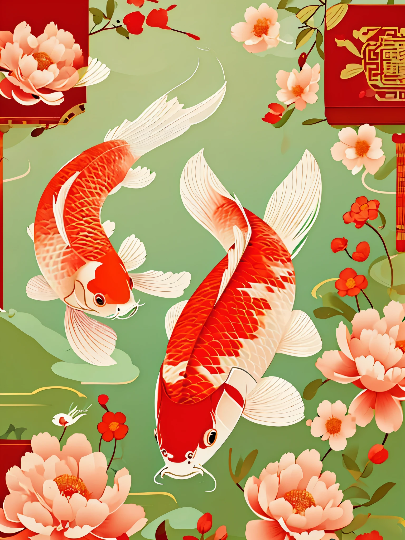 illustration, Chinese digital painting, vector, carp, clean background, flowers and red package, flat