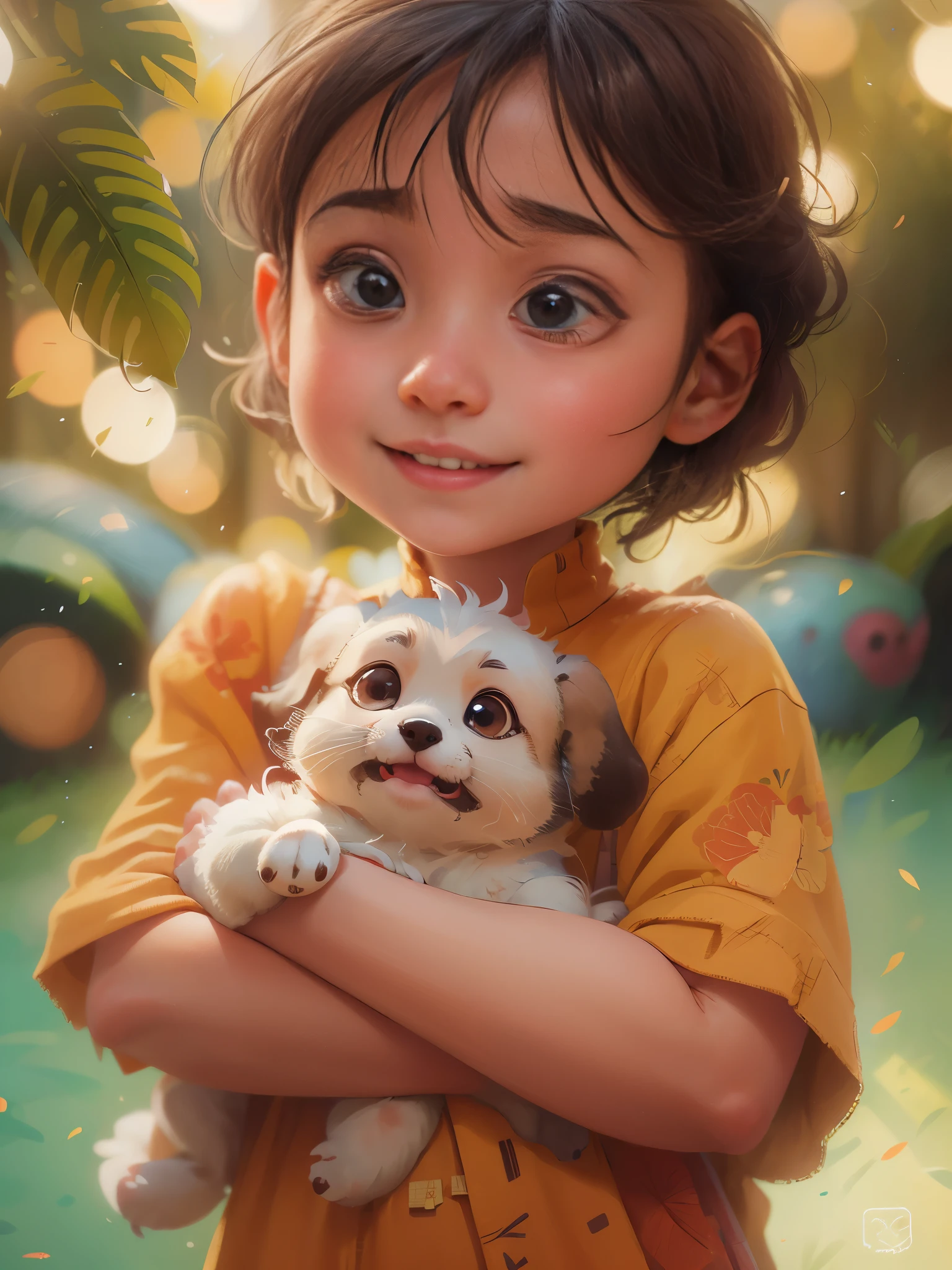 a ,preschool,Hcute puppy,Pixar style, best quality, stills, very cute, big eyes, sunny,Very happy, (masterpiece: 1.2) (actual: 1.2) (Bokeh) (best quality) (delicate skin: 1.3) (intricate details) (8k) (exquisite eyes) (sharp focus), (happy)