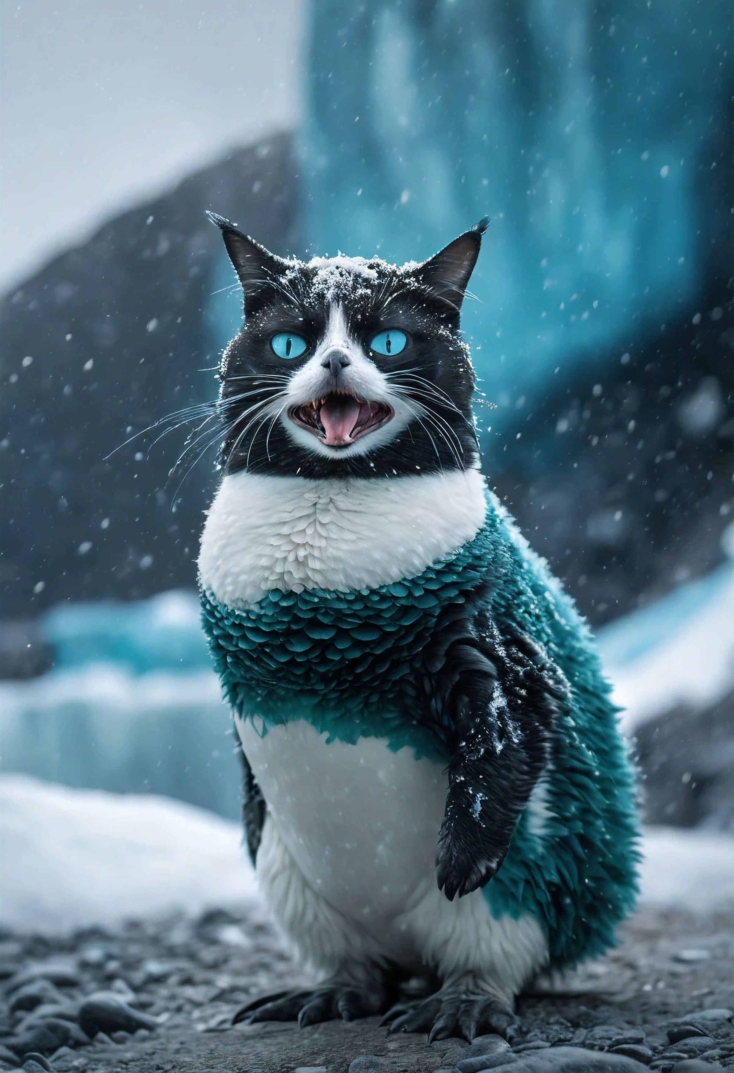 (hybrid:1.10) (penguin:0.95) (cat:1.05), (merge:1.1), in Antarctica, snowing, teal surreal happy photographic, realism pushed to extreme, fine texture, incredibly lifelike, cinematic, large format camera, photo realism, DSLR, 8k uhd, hdr, ultra-detailed, high quality, high saturation