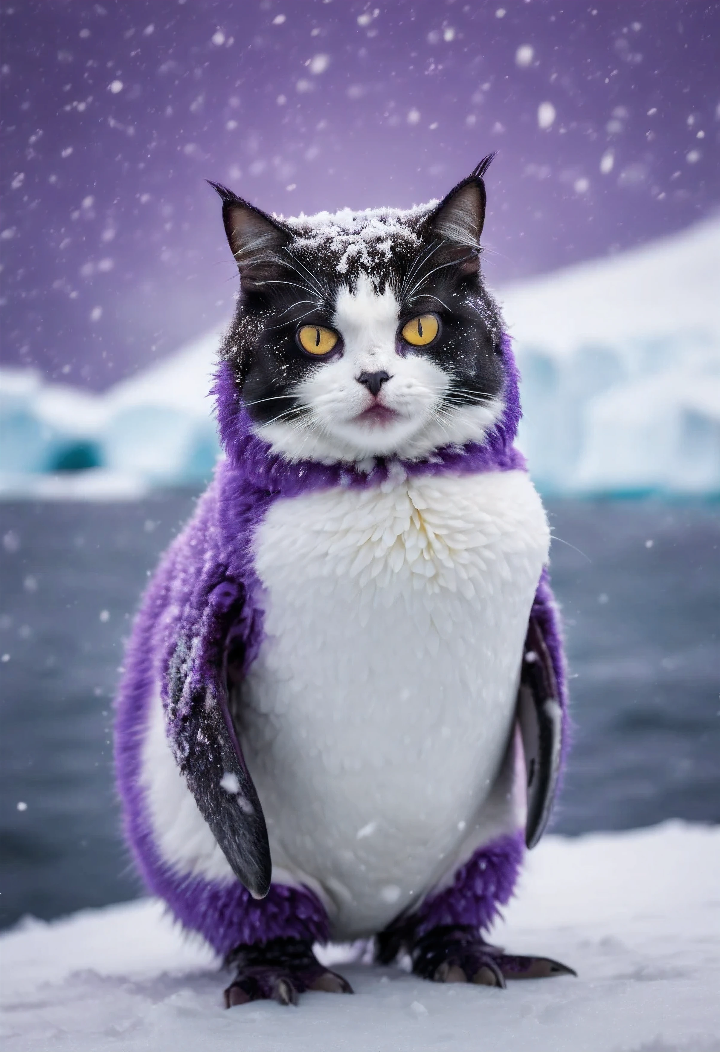 (hybrid:1.10) (penguin:0.95) (cat:1.05), (merge:1.1), in Antarctica, snowing, purple surreal happy photographic, realism pushed to extreme, fine texture, incredibly lifelike, cinematic, large format camera, photo realism, DSLR, 8k uhd, hdr, ultra-detailed, high quality, high saturation