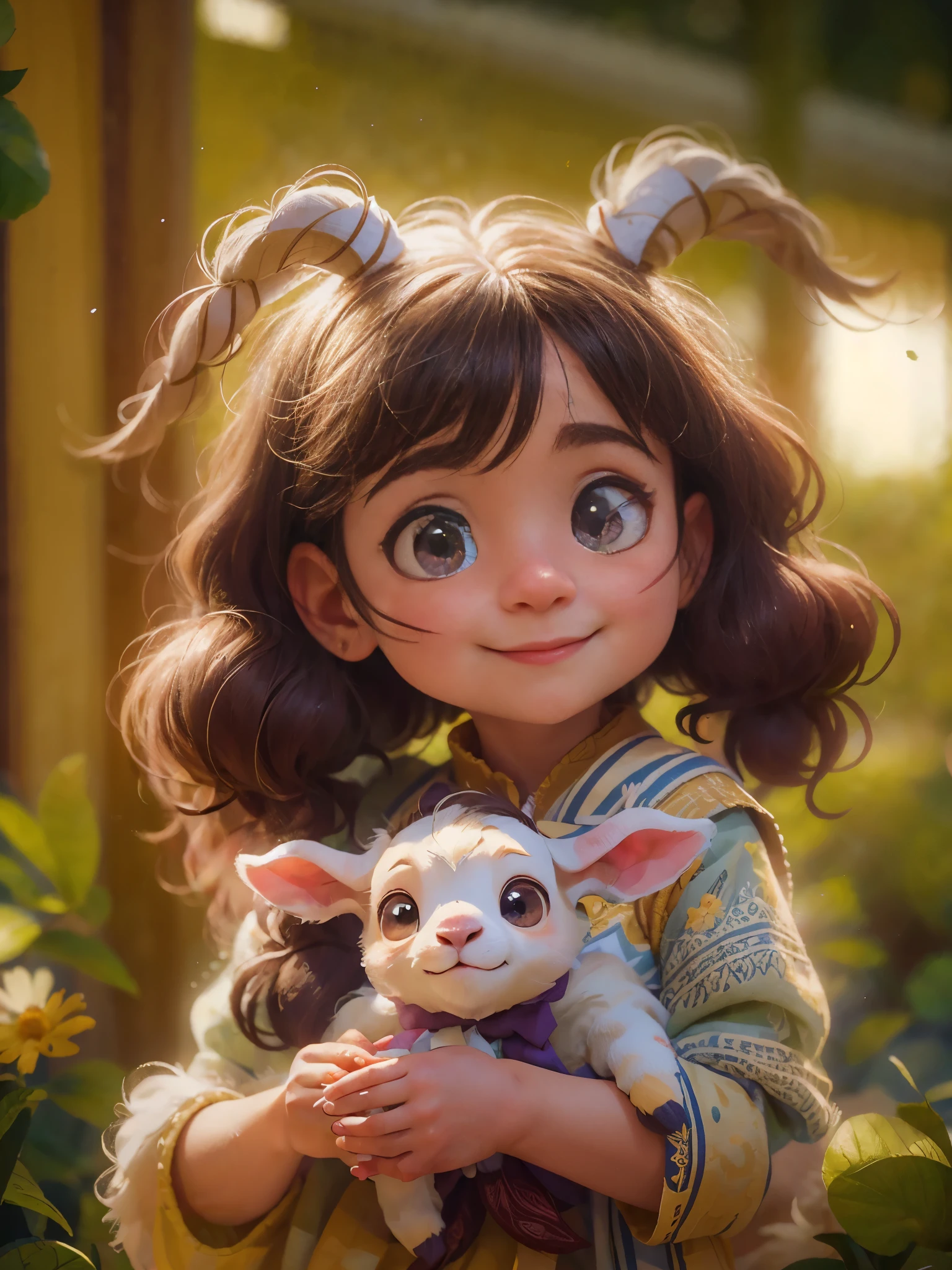 a ,preschool,Hte little goat,Pixar style, best quality, stills, very cute, big eyes, sunny,Very happy, (masterpiece: 1.2) (actual: 1.2) (Bokeh) (best quality) (delicate skin: 1.3) (intricate details) (8k) (exquisite eyes) (sharp focus), (happy)