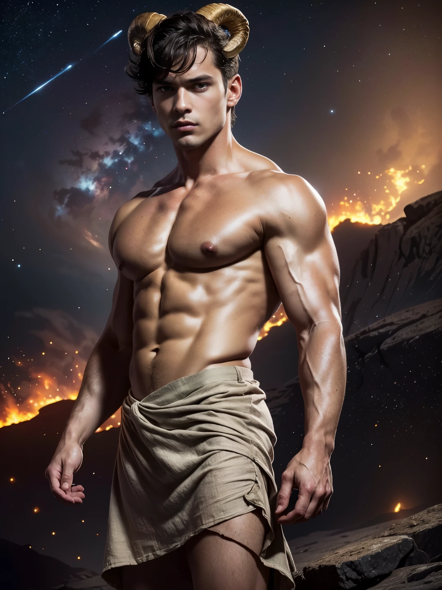 Photorealistic, ((best quality)), ((masterpiece)), (detailed),masculine portrait of Aries, (wild sheep perfect horns:1.4 personificatioin of Aries, fully naked, nude, side view, muscule, ripped, strong body, fit body, 1boy, lava, volcano, constellations, mars, galaxies, 8k, high detailed, ultra-detailed, Stylish Pose, real skin texture, dark cinematic lighting, 18-year-old male model, handsome, tall, cute looking, evil look, dark look, powerful, a young male handsome model, super strong, muscular, fit, massive muscles, six pack, clean shave, blue eyes. short messy brown hair, messy hair, ancient linen Greek small skirt, linen antique draped cloth skirt, ancient outerspace, constellation, galaxies, stars in the background