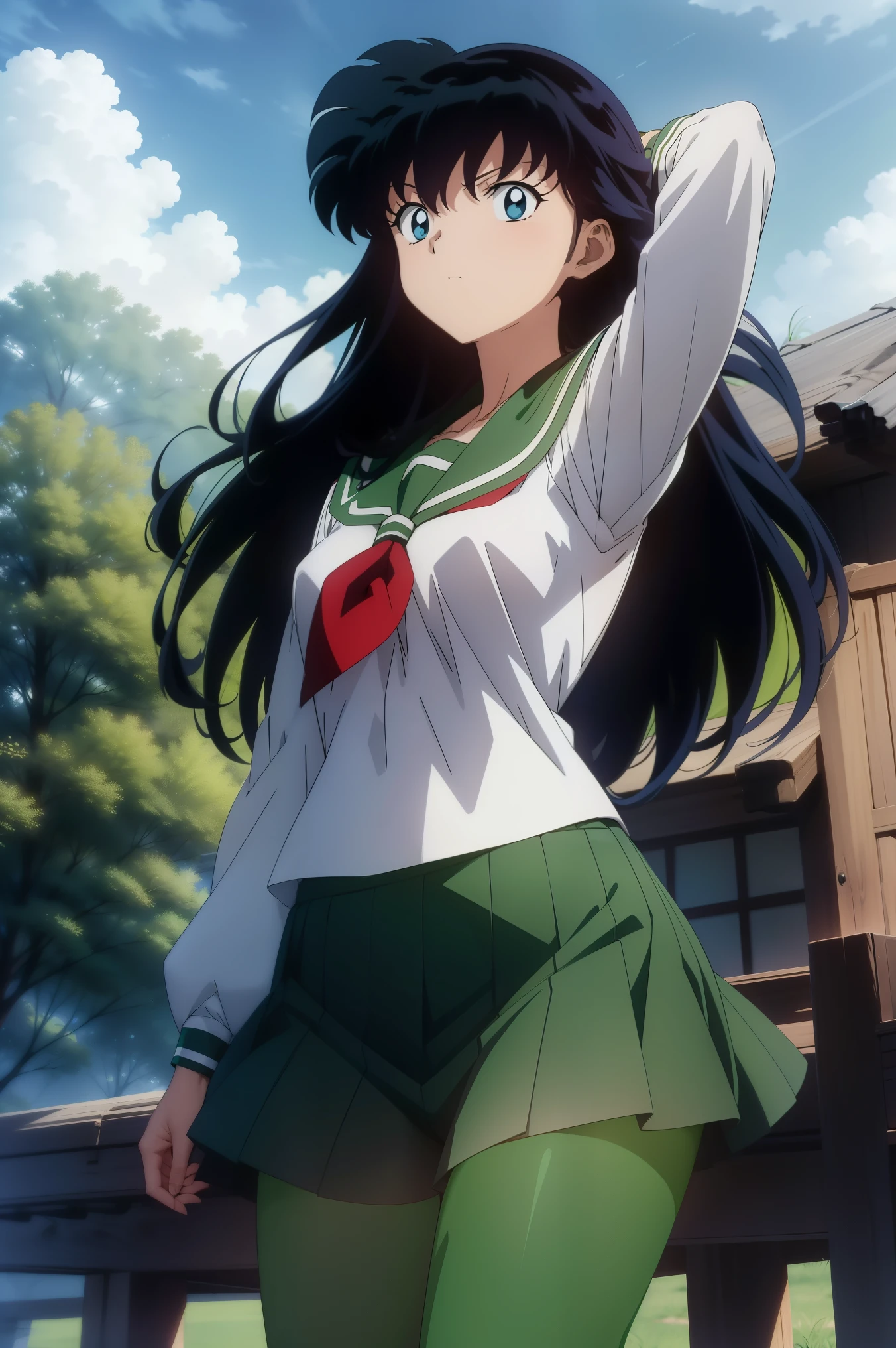 (Masterpiece: 1.6, Best Quality), (Fine Beautiful Eyes: 1.2), (best quality, masterpiece, highres), kagome higurashi, 1girl, solo, brown eyes ,green school uniform, soft thighs , long sleeves, white socks, scenery , Best Quality, ((anime)) ((Colored)) HD, ,Standing, Green skirt, Red scarf, long hair, Black hair between the eyes, Thighs are soft, school background , green pantyhose