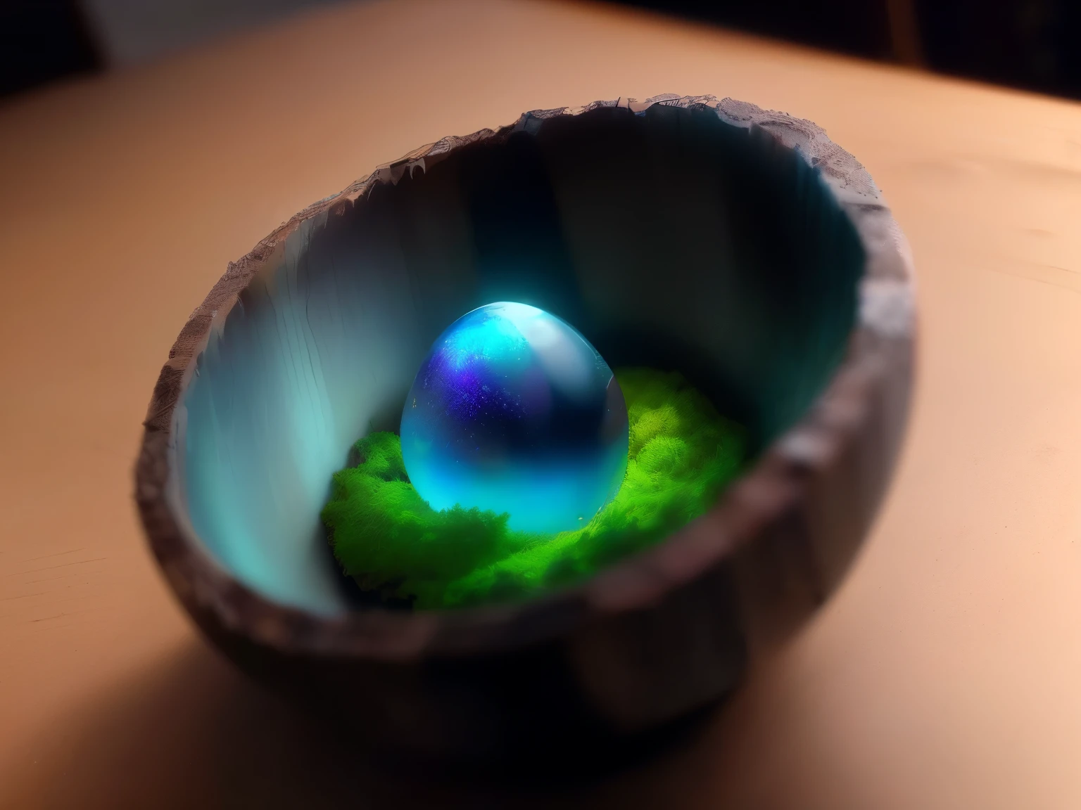 (masterpiece, RAW, Best quality, a high resolution, 8K, Ultra HD, 1.4 photorealistic): Mysterious secret of darkness, presented in the shape of a dragon egg with an intricate texture.. (Dramatic close-up, Shot at an angle, raw photo, very detailed, Ultra HD, 8K). Obsidian black surface, shiny raw, unpolished iridescence, reveals inky depth, hiding an inexpressible charm. Illuminated by the ethereal, the otherworldly glow of bioluminescent moss, surrounding the nest, every crevice and contour