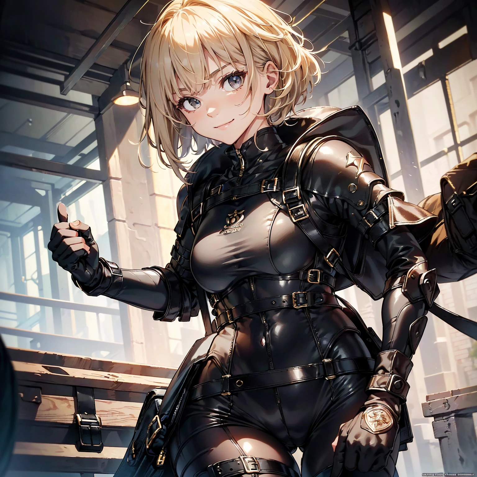 (masterpiece、highest quality、highest resolution、clear_image、detailed details): (whole body、18 year old female fighter,Slender、small face、black super bob short hair、Shiny black tight combat uniform,tight suit、Gentle smile、Backpack)