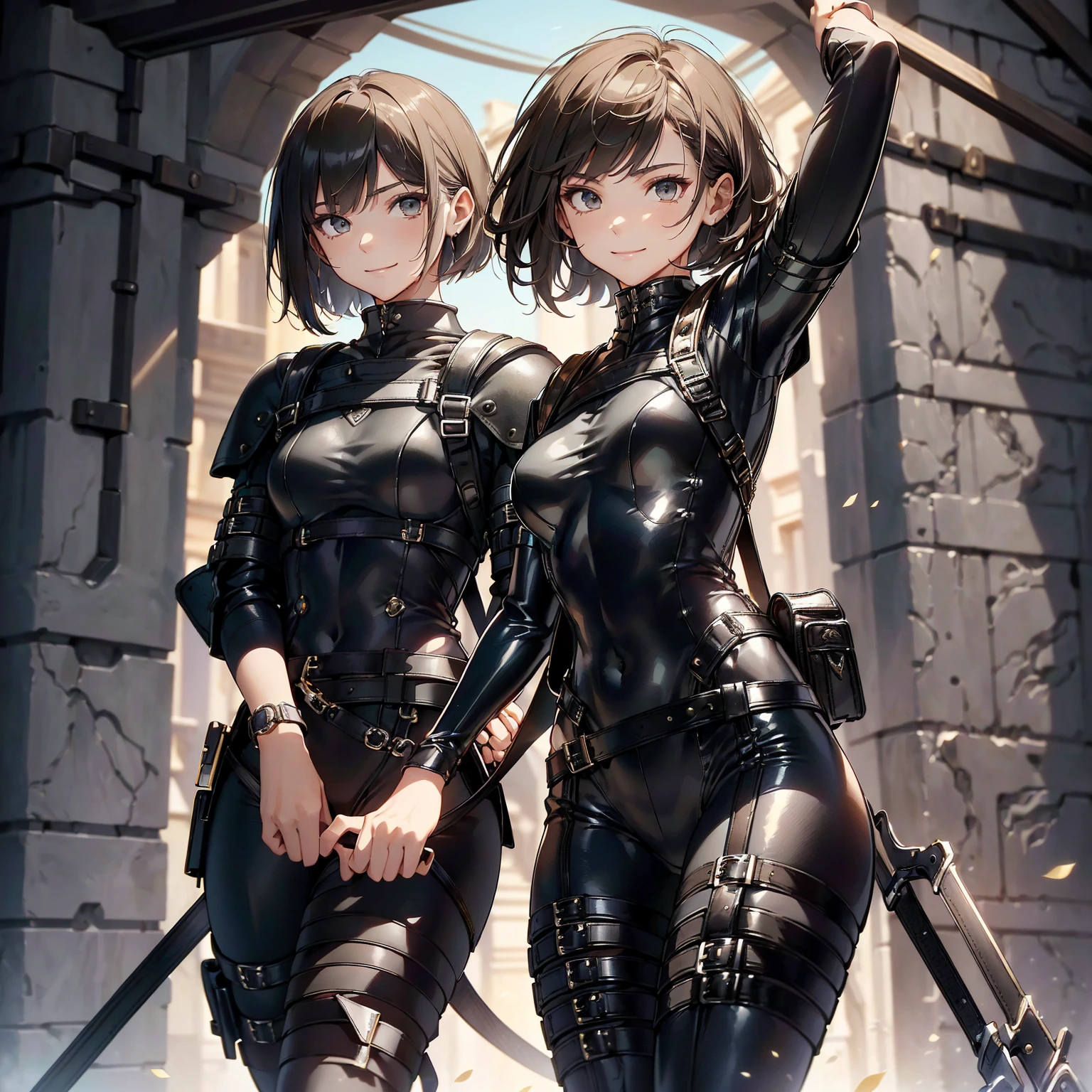 (masterpiece、highest quality、highest resolution、clear_image、detailed details): (whole body、18 year old female fighter,Slender、small face、black super bob short hair、Shiny black tight combat uniform,tight suit、Gentle smile、Backpack)