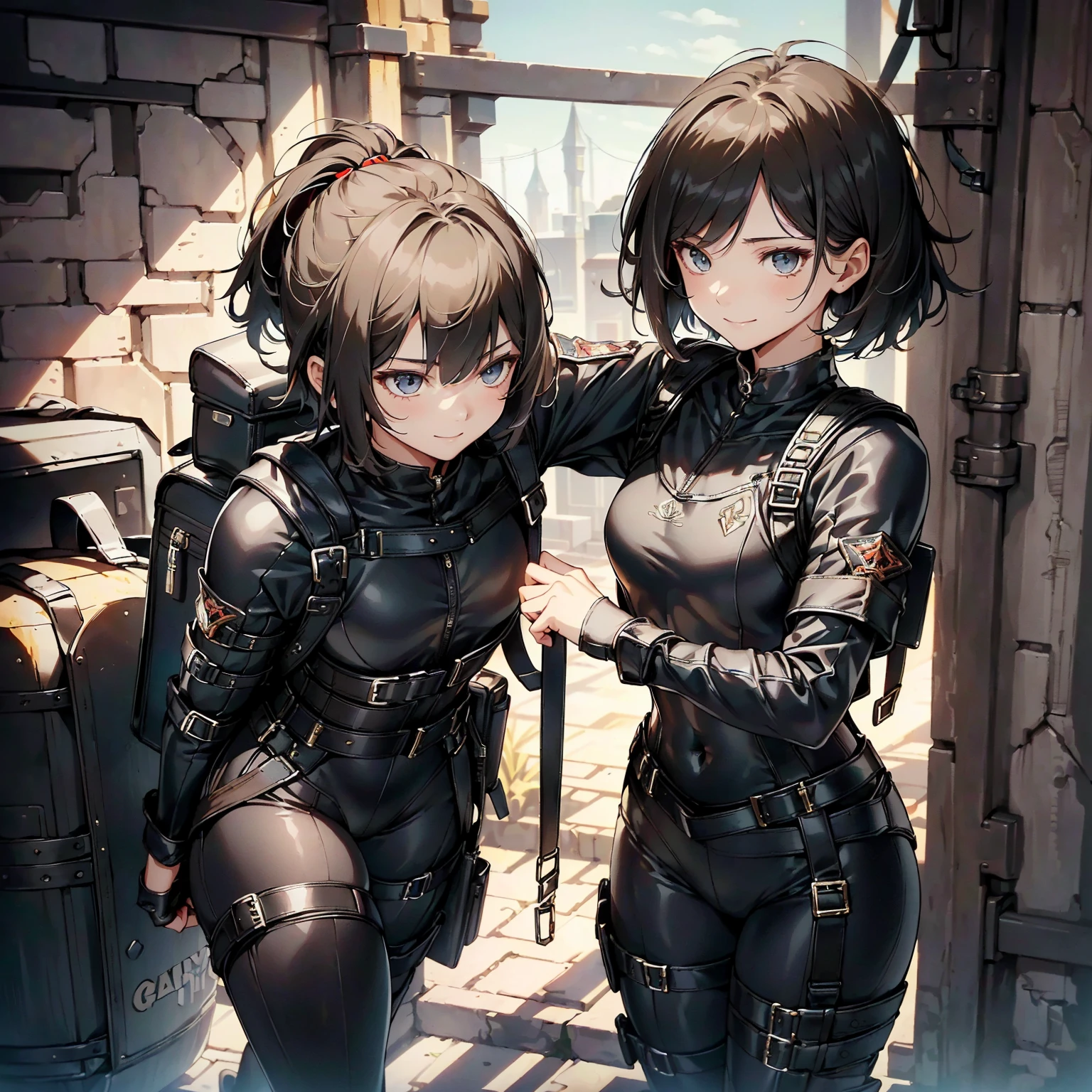 (masterpiece、highest quality、highest resolution、clear_image、detailed details): (whole body、18 year old female fighter,Slender、small face、black super bob short hair、Shiny black tight combat uniform,tight suit、Gentle smile、Backpack)