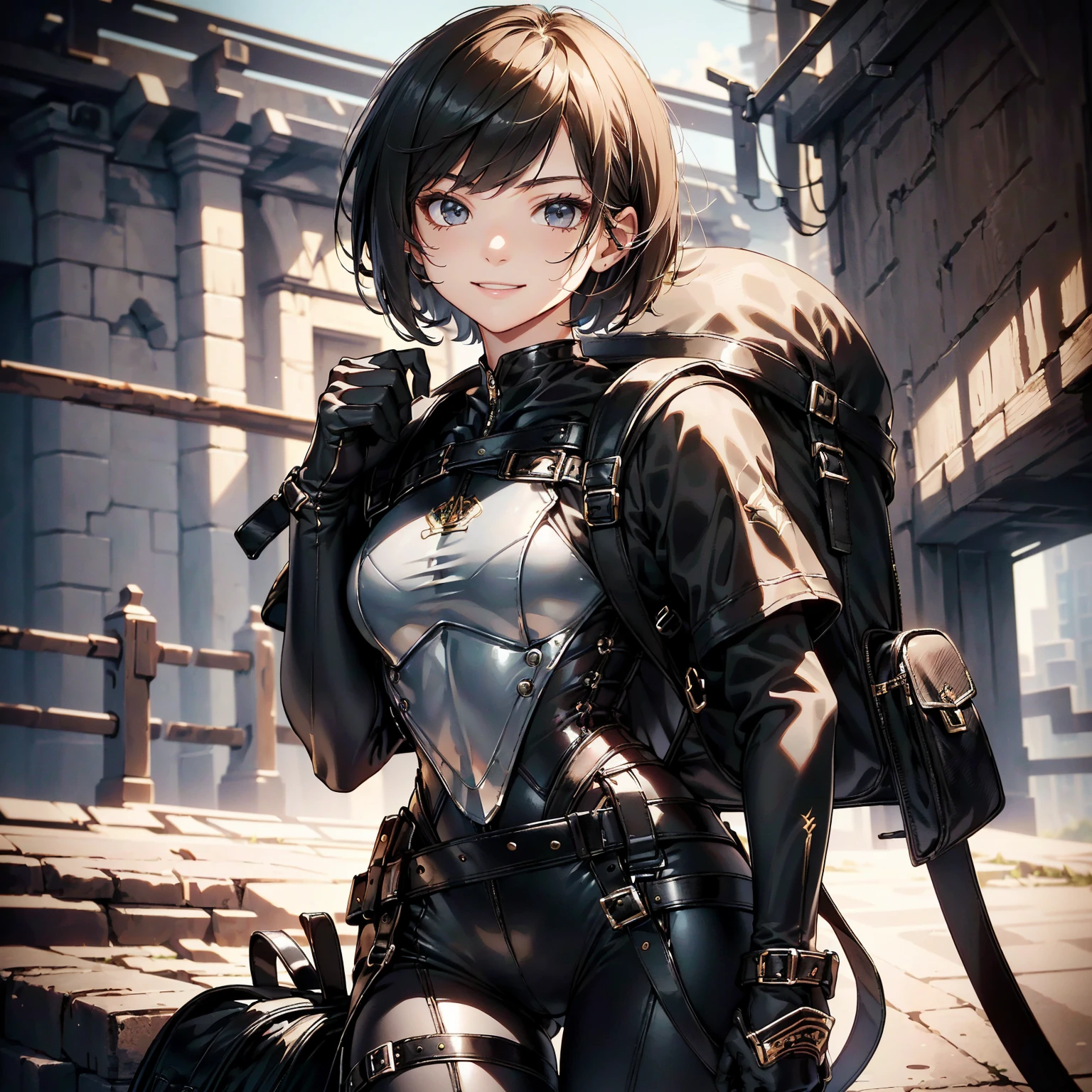 (masterpiece、highest quality、highest resolution、clear_image、detailed details): (whole body、18 year old female fighter，Slender、small face、black super bob short hair、Shiny black tight combat uniform，tight suit、Gentle smile、Backpack)