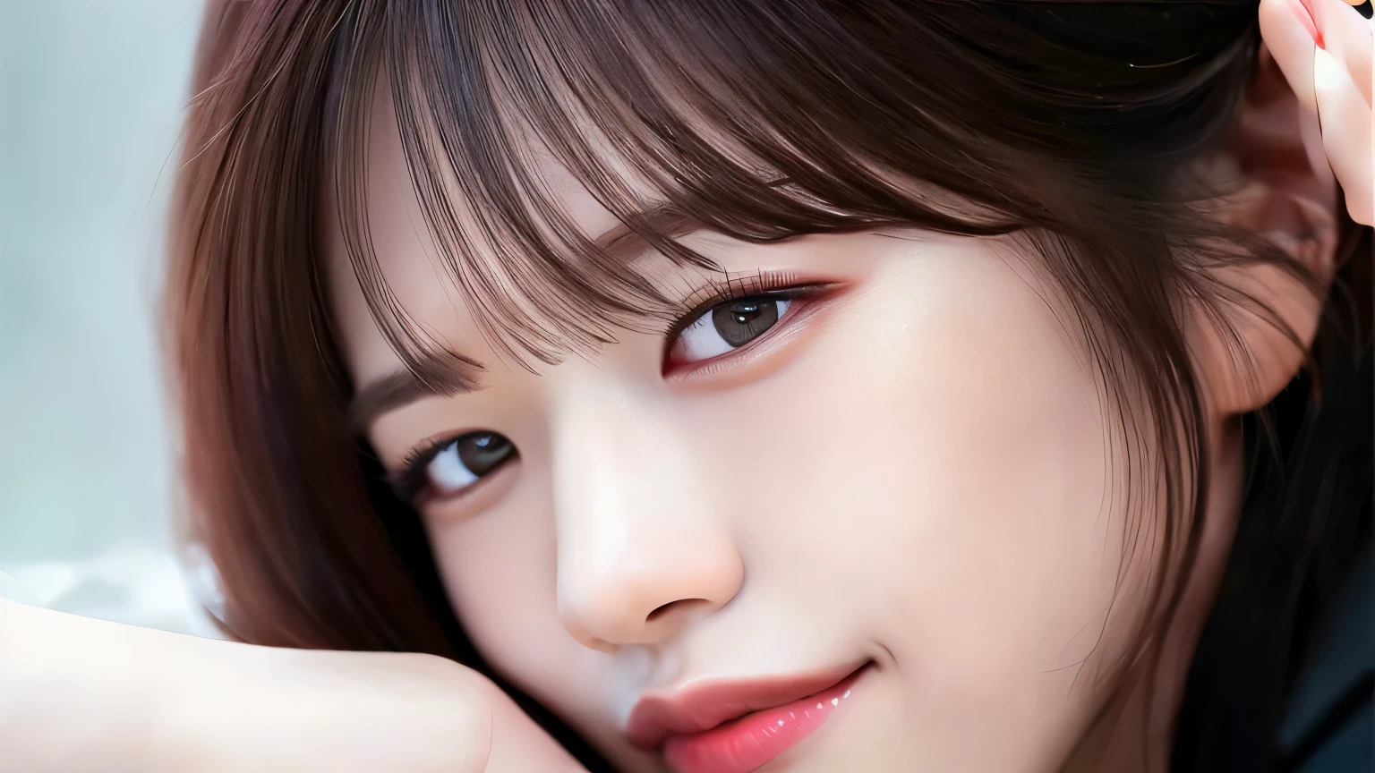 Looking at the audience, light makeup, realism, realistic photos, professional color correction, 8K, F2.4 aperture, 35mm lens, realistic real face, only the face area is included, ultra detailed, medium hair, bangs, smile.