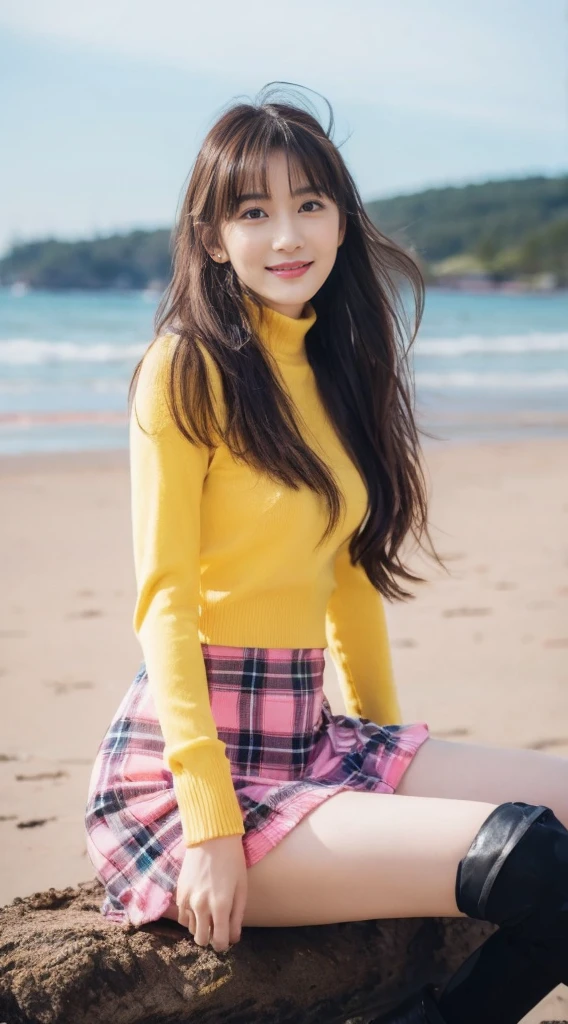 ((Masterpiece, Top image quality, high resolution、alone、shiny skin))(on the table, best quality, actual, super detailed, meticulous, high resolution, 8k wallpaper), Close-up portrait of a beautiful woman, Chariada, smiling, light brown messy hair, Perfect dynamic composition, 美丽meticulous的眼睛, Just like the cover of a fashion magazine, on campus