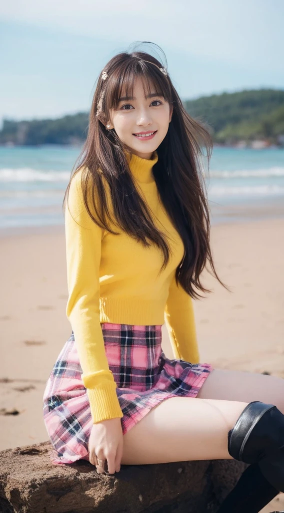 ((​Masterpiece, Top image quality, high resolution、alone、shiny skin))(on the table, best quality, actual, super detailed, meticulous, high resolution, 8k wallpaper), Close-up portrait of a beautiful woman, Chariada, smiling, light brown messy hair, Perfect dynamic composition, 美丽meticulous的眼睛, Just like the cover of a fashion magazine, on campus