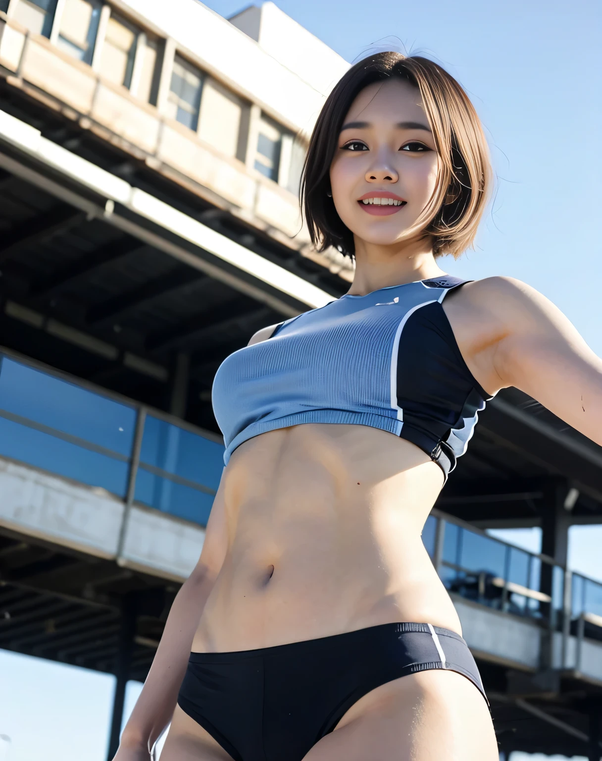 zydG, ((cowboy shot)),((from below)), 1girls, Front view, stand, looking the viewer, exposed skin, (from below),brown-eyed, (brown very short hair:1.2), (light hair), (medium breasts:1.4), smile with white teeth, (photorealestic:1.4), (Top image quality:1.0), (UltraHighResolution:1.0), 8K, Raw photography, (A masterpice:0.2), track and field uniforms, show abs, (sweat, wetty:1.1), portlate, pubic bone focus, ful body,(pureerosface_v1:0.5), outdoor, track and field,