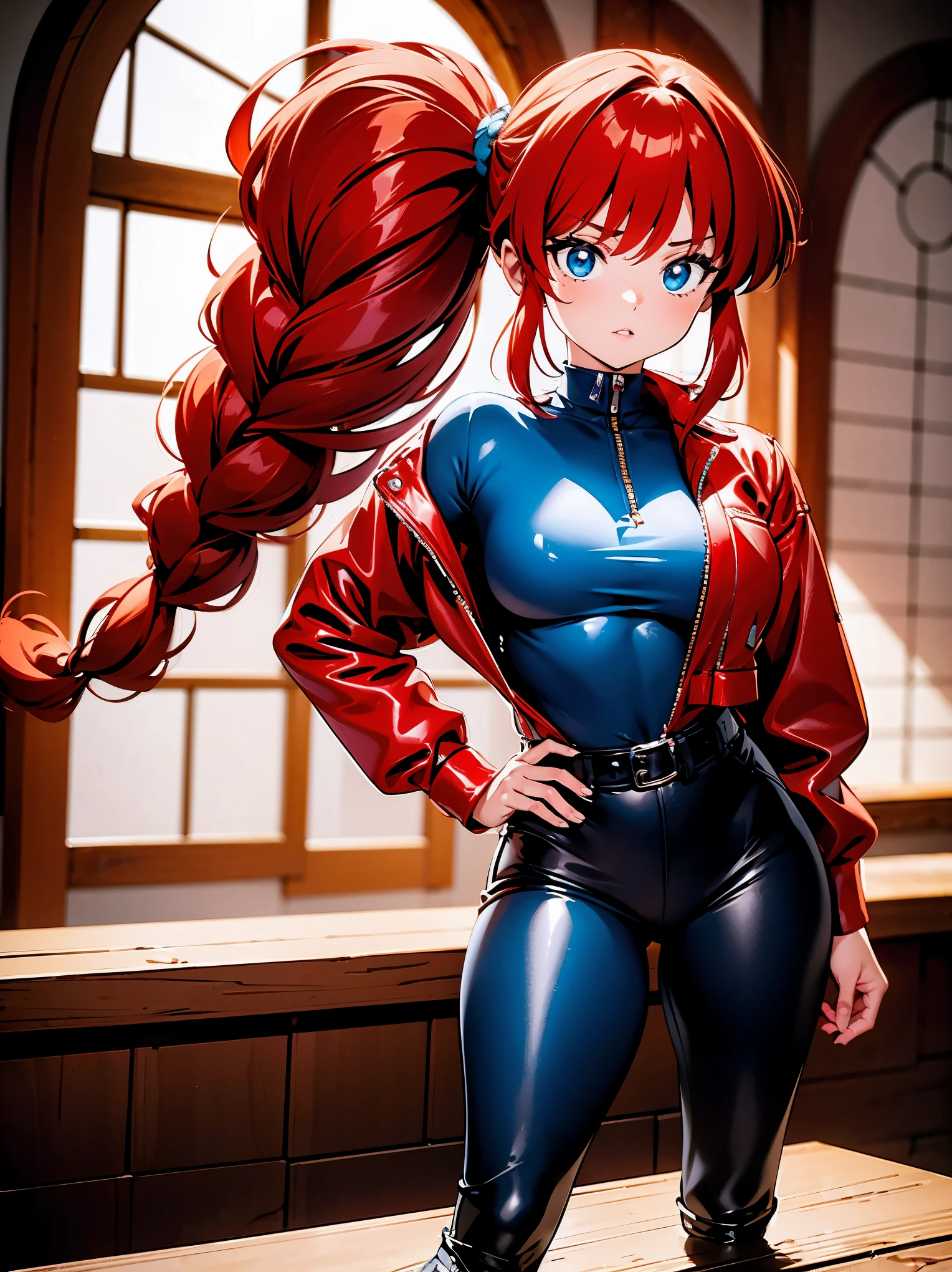 Garota anime ruiva vestindo red leather jacket and blue leather pants, , corpo bonito, botas pretas, leather boot shoes, seios grandes, with one hand on your waist and the other on your lips, hand on hip, hand with finger on lip, dedo na boca, garota sexy, red hair with braid, beautiful lighting, sombras suaves, olhos azuis, pernas bonitas, hair with braid, estilo anime, Ranma Chan, Autora Rumiko Takahashi, Baseado em obra de Rumiko Takahashi, Anime Ranma 1/2, seios grandes, decote sexy, quadril robusto, corpo inteiro, corpo inteiro, Seios lindos, garota jovem com corpo belo e bonito, botas pretas, leather boot shoes, red leather jacket and blue leather pants