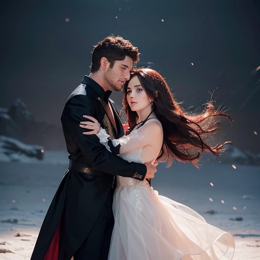 Gerard butler y susan coffey bailando bajo la nieve magia romance.
Gerard tiene el cabello largo negro, de traje elegante, susan de vestido rojo y cabello rojo , flores,
Primer plano, rostro definido, alta calidad, colores brillantes, hermoso y magico